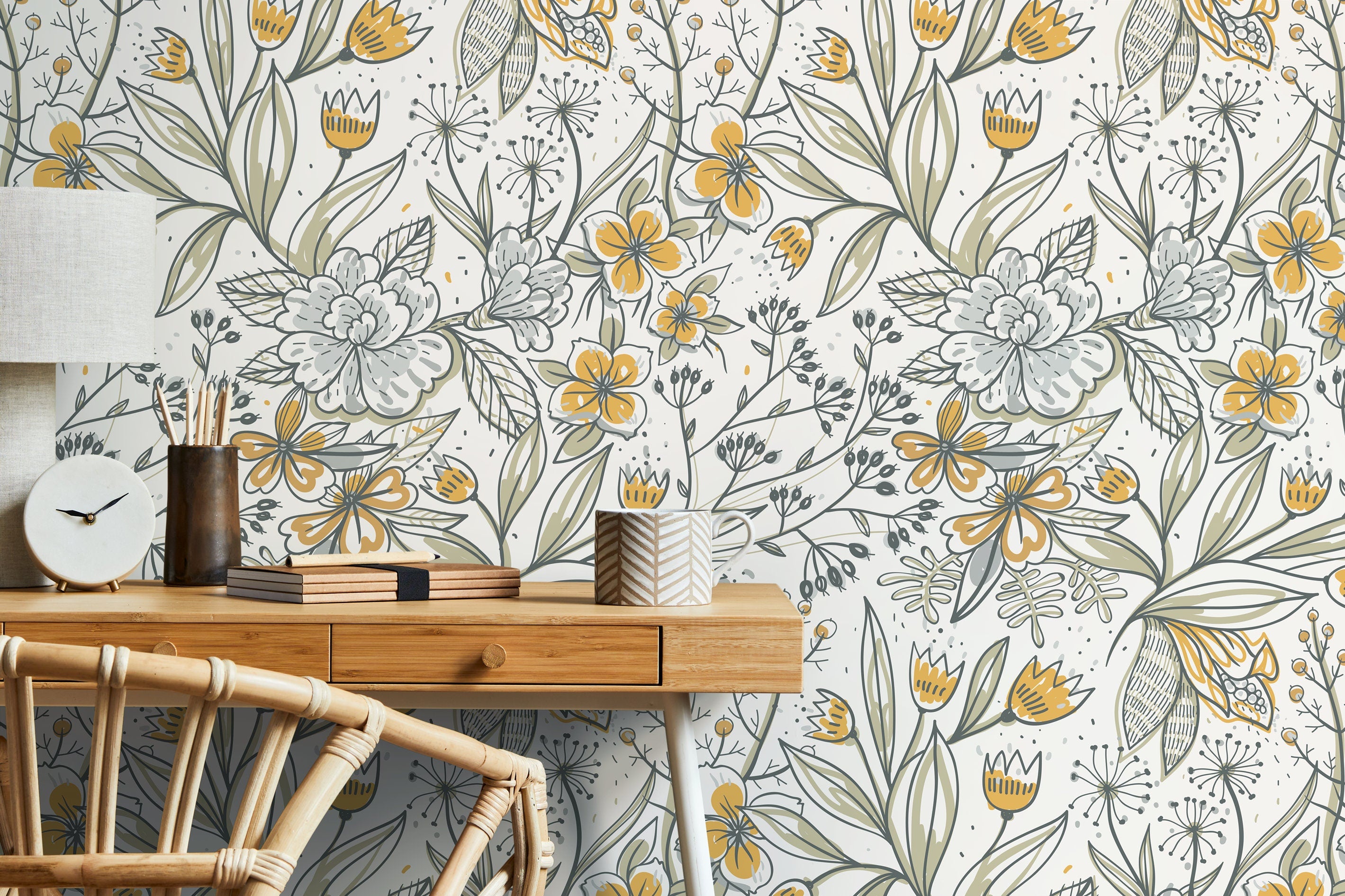 Floral Wallpaper With Hand-drawn Botanicals In Yellow, Green, And Grey - D140