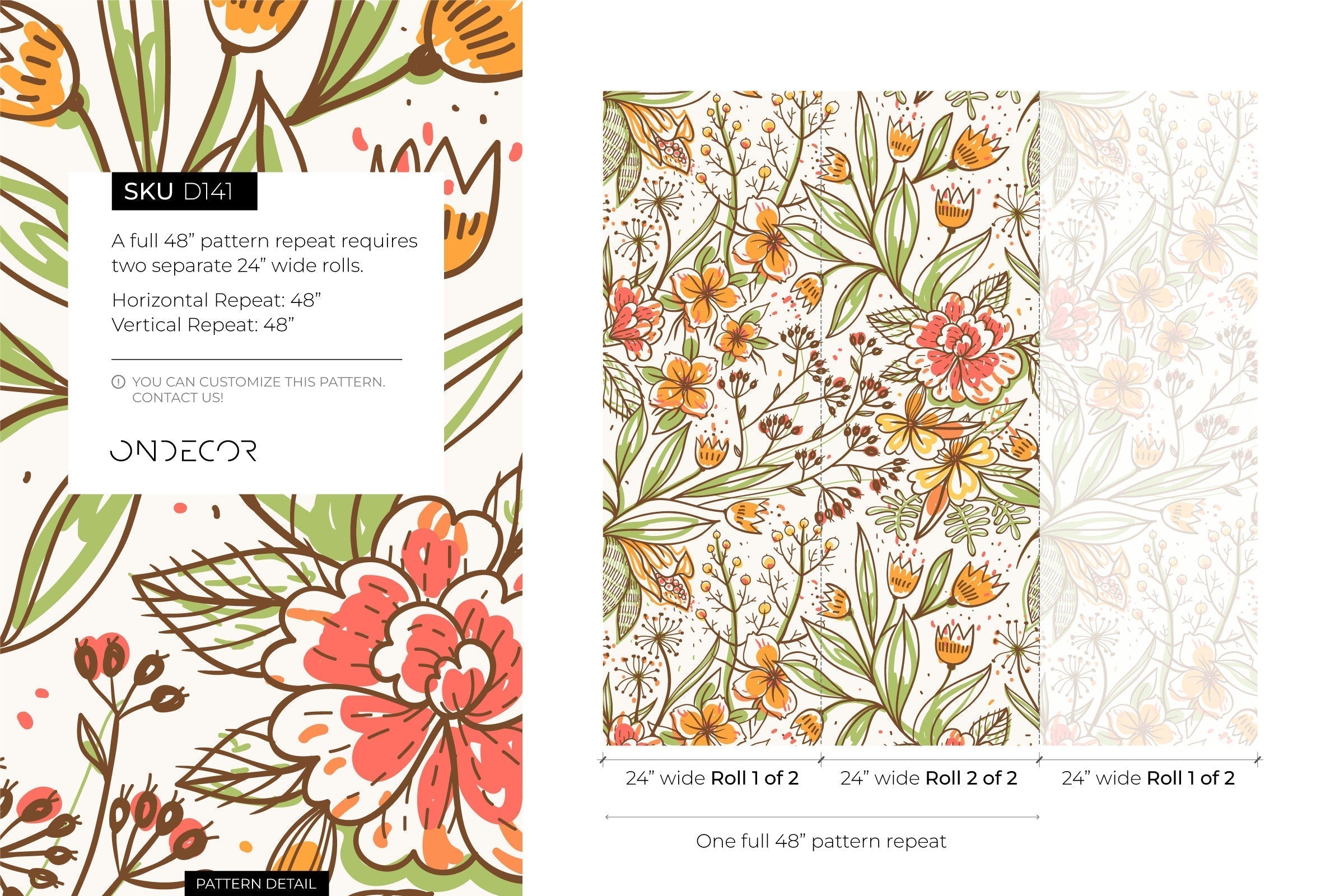 Floral Wallpaper With Hand-drawn Wildflowers In Orange, Red, And Green - D141