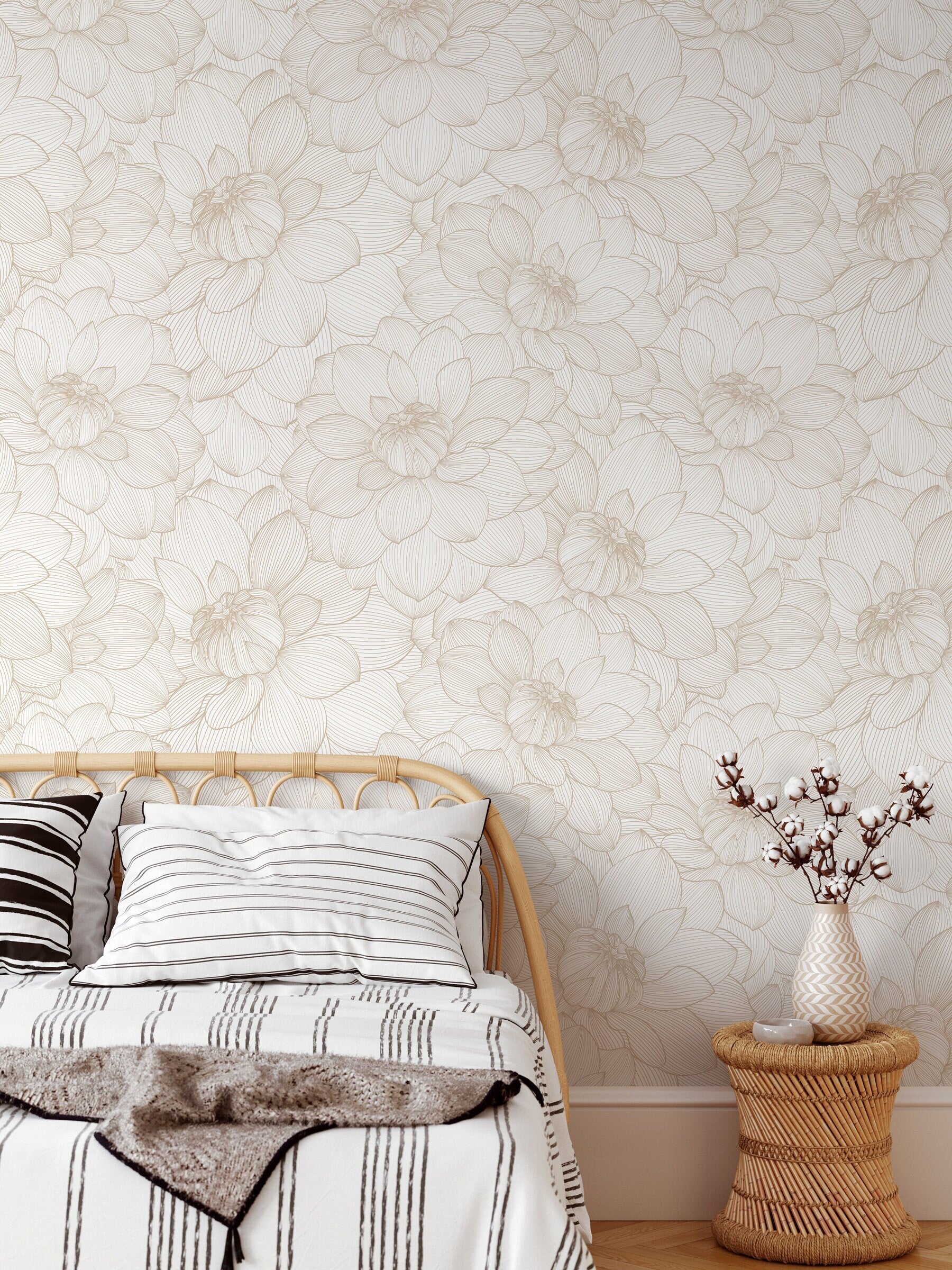 Floral Wallpaper With A Neutral Peony Line Art In Beige And Cream - D144