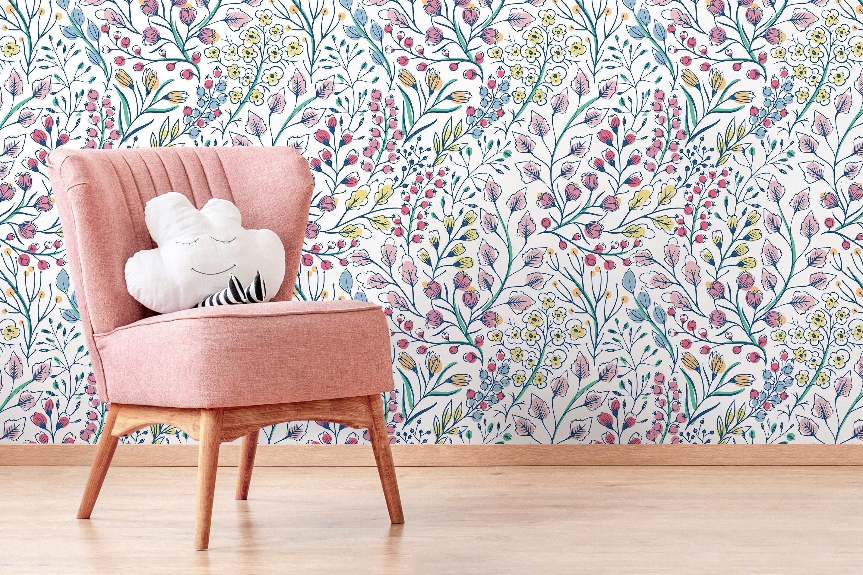Wildflower Wallpaper With Illustrated Berries In Pink, Blue, And Yellow - D146