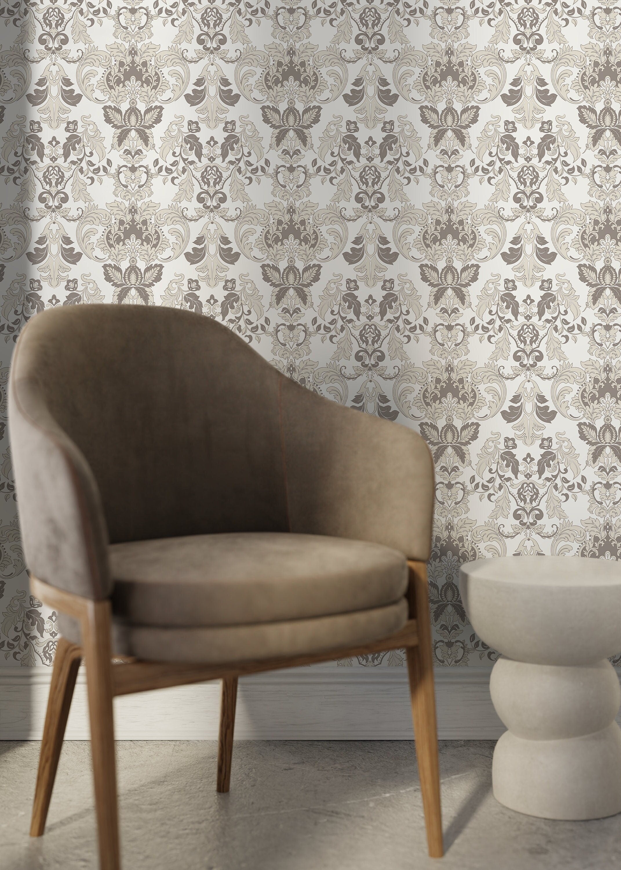 Damask Wallpaper With A Victorian Floral Motif In Taupe And Beige - D098