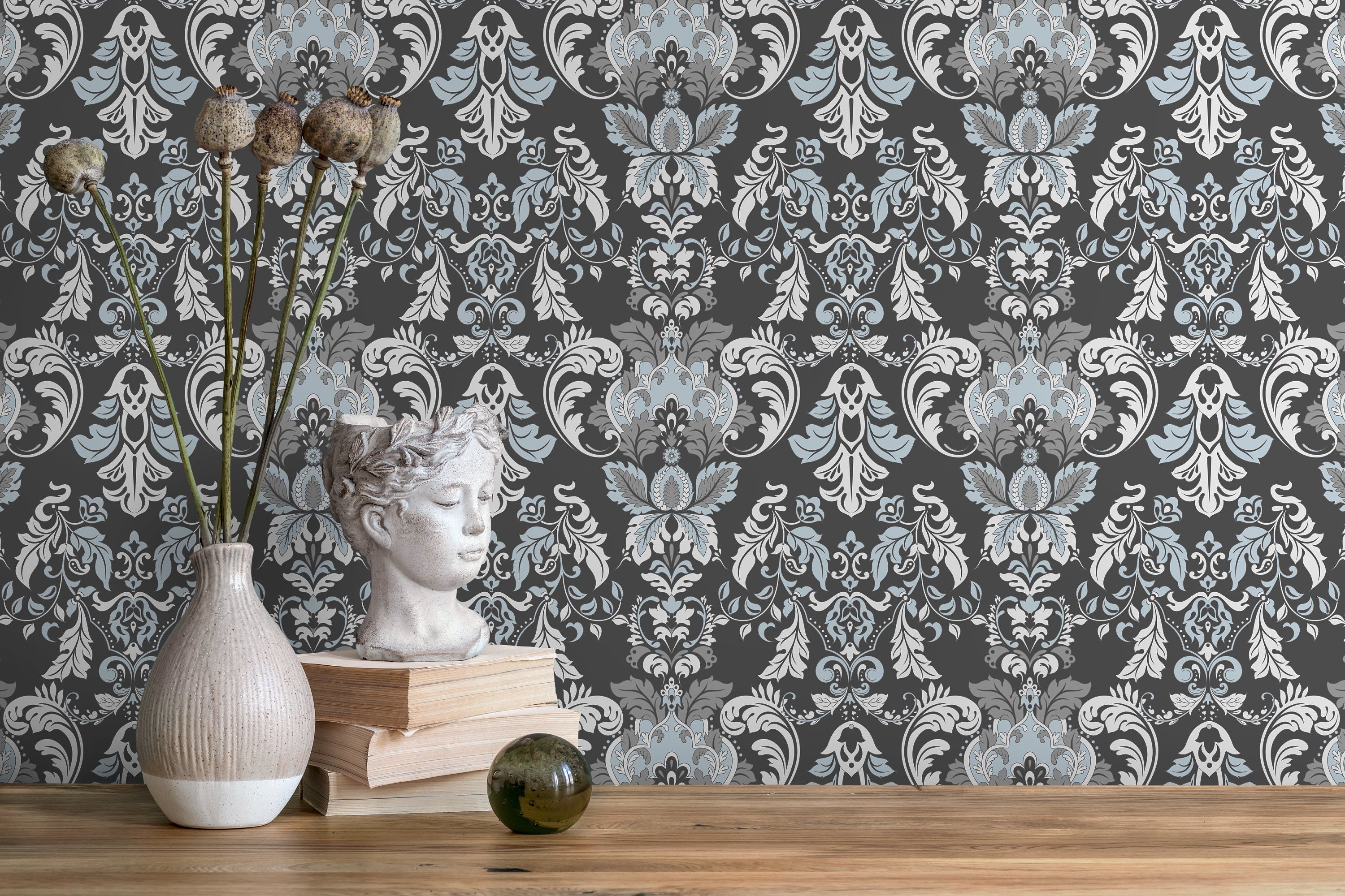 Victorian Wallpaper With An Intricate Damask Motif In Charcoal, Blue, And Gray - D099