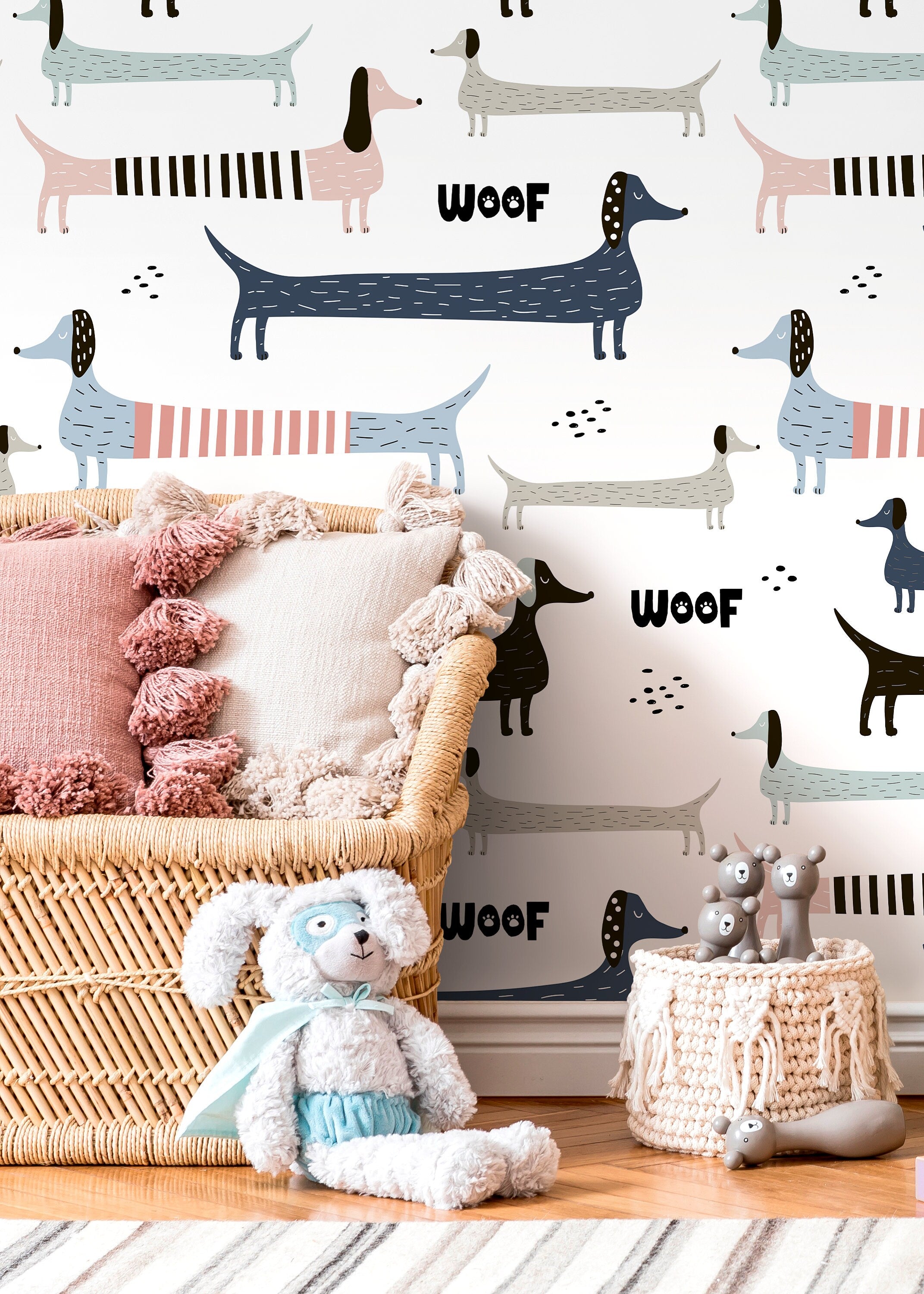 Kids Wallpaper Featuring Whimsical Dachshunds In Blue, Pink, And Grey - D100