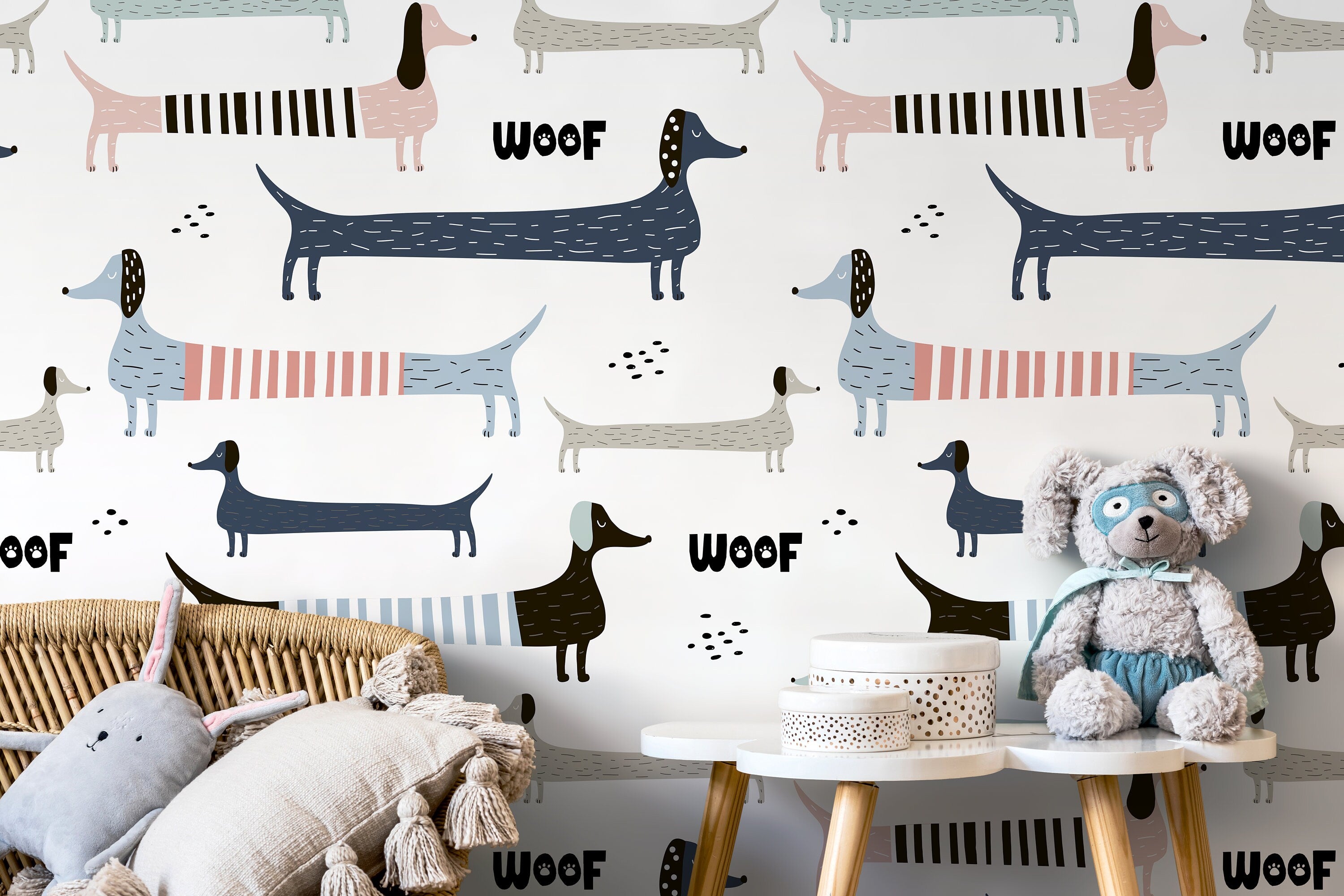 Kids Wallpaper Featuring Whimsical Dachshunds In Blue, Pink, And Grey - D100