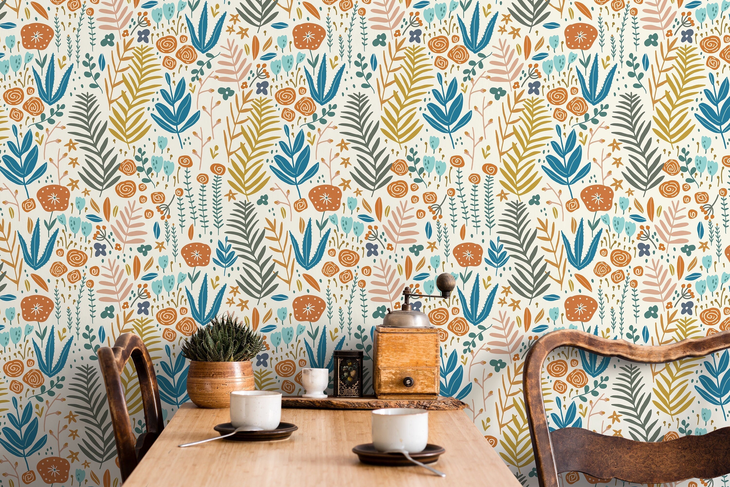 Scandinavian Wildflower Wallpaper With Folk Art Motifs In Teal, Orange, And Yellow - D115