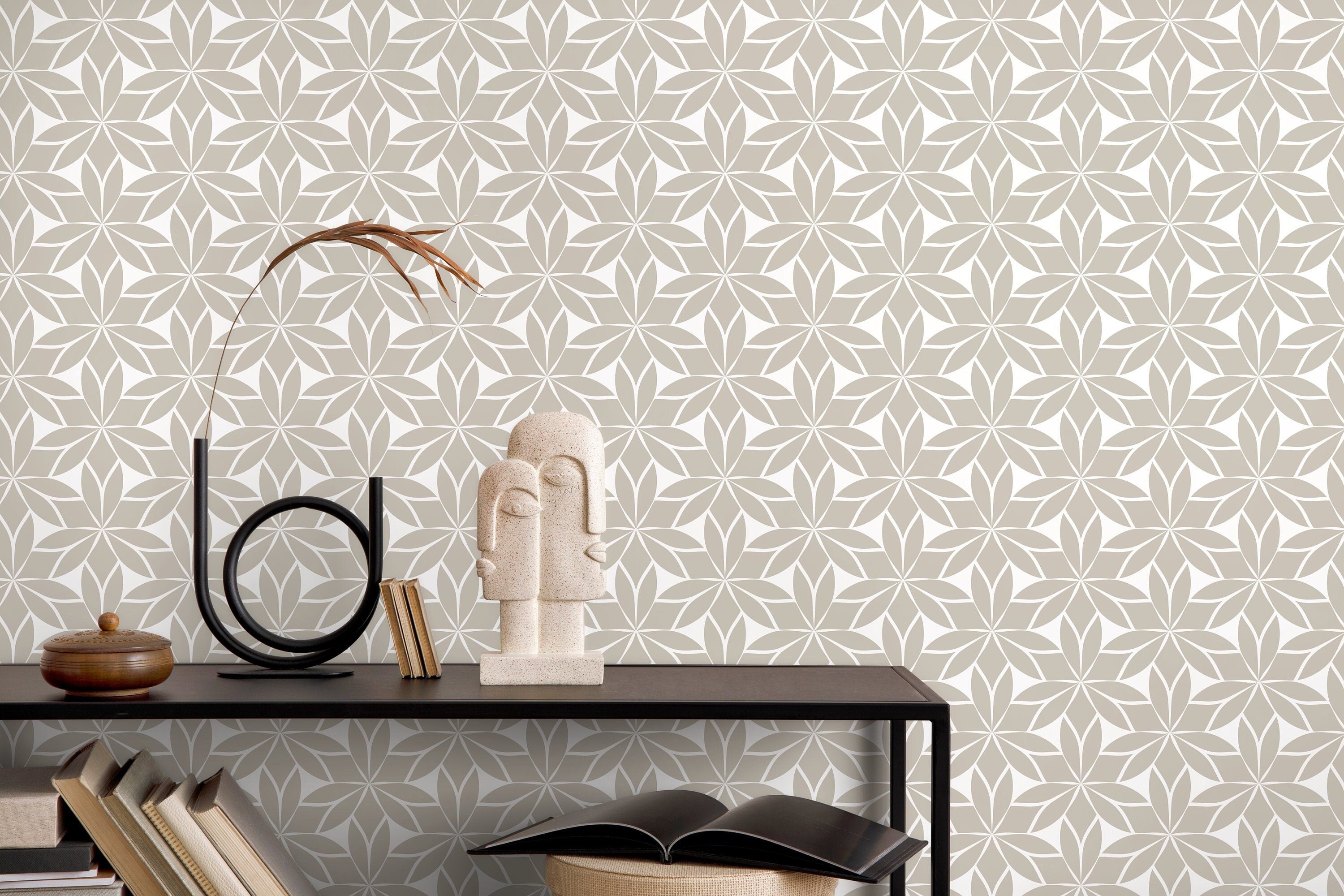 Geometric Wallpaper With A Stylized Floral Motif In Taupe - D174