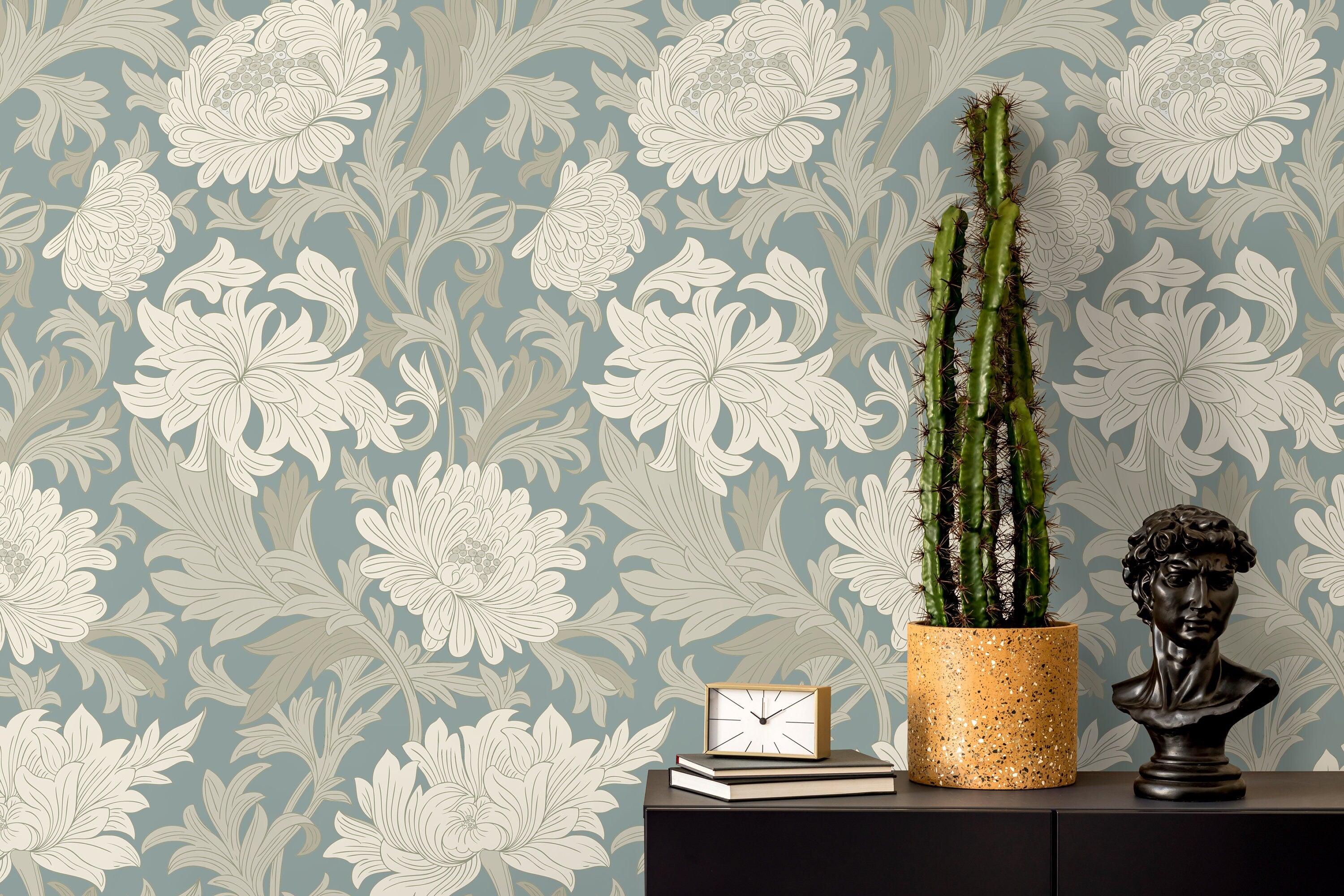 Art Nouveau Wallpaper With Chrysanthemums In Blue, Cream, And Taupe - D187