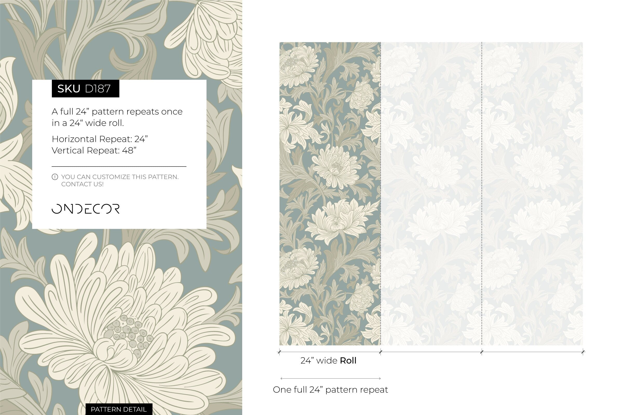 Art Nouveau Wallpaper With Chrysanthemums In Blue, Cream, And Taupe - D187