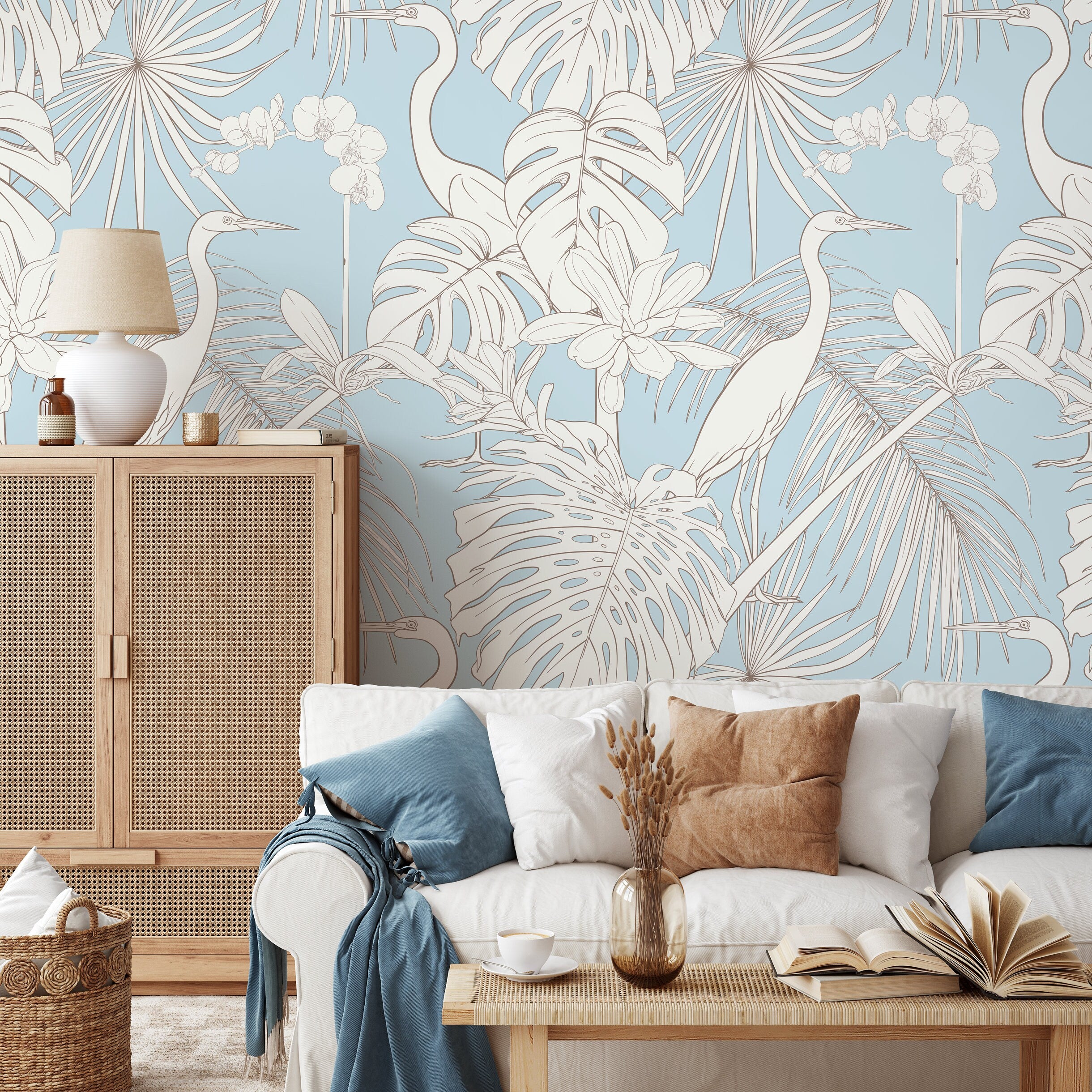 Chinoiserie Wallpaper With Cranes And Tropical Botanicals In Light Blue - D107