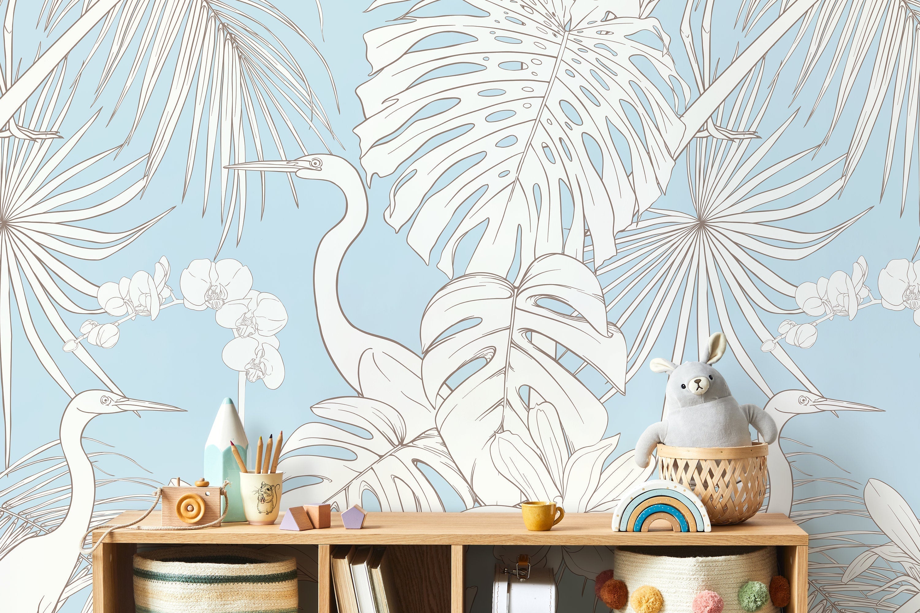 Chinoiserie Wallpaper With Cranes And Tropical Botanicals In Light Blue - D107