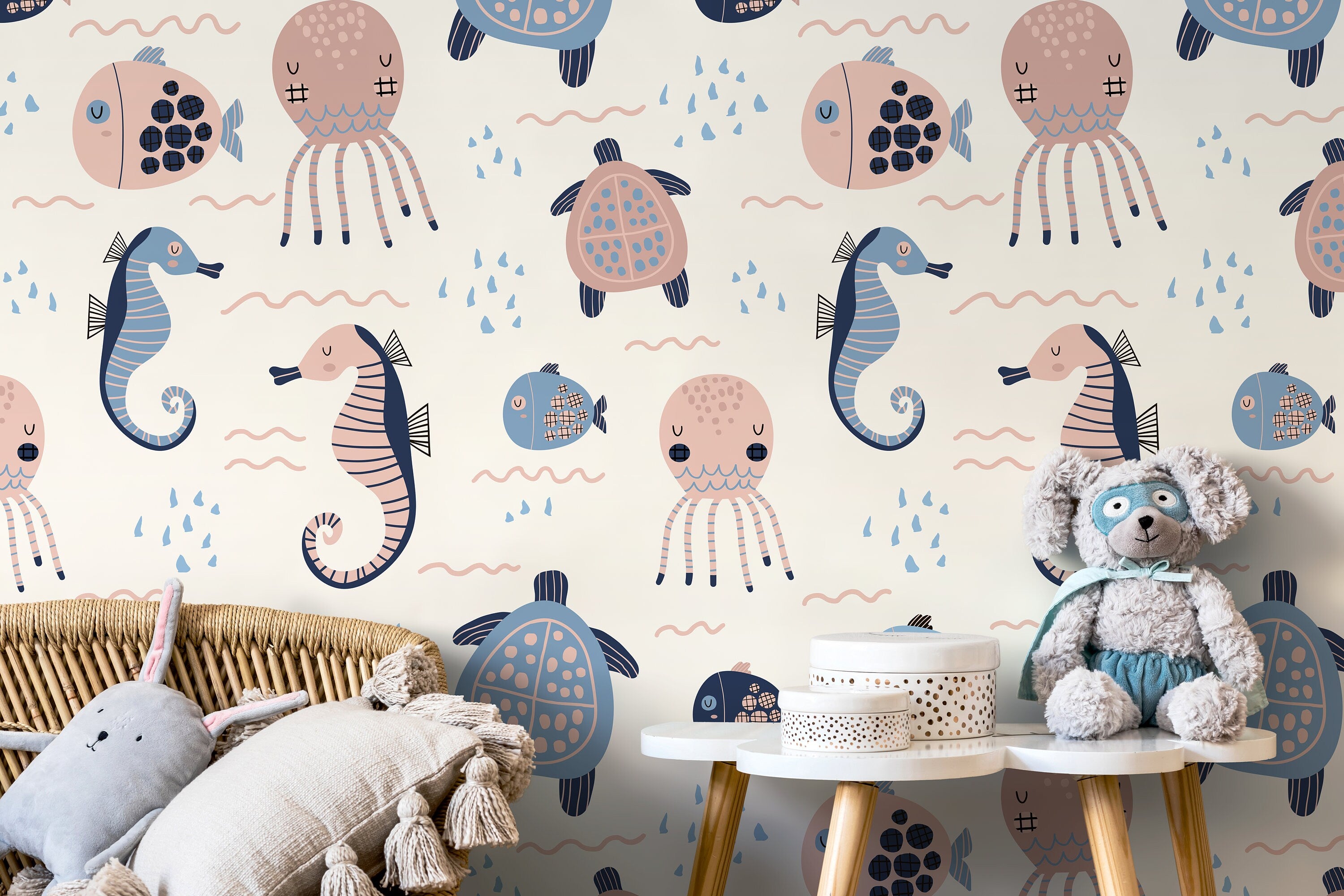 Ocean Wallpaper Featuring Cute Sea Animals In Pink, Blue, And Navy - D111