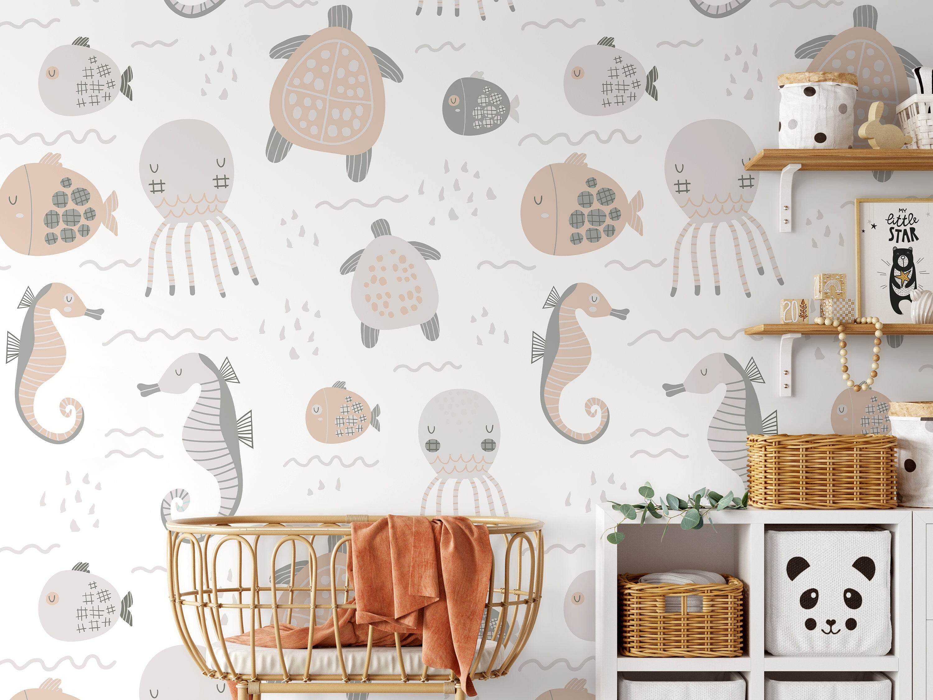 Animal Wallpaper Featuring Sea Creatures In Neutral Gray And Pink - D113