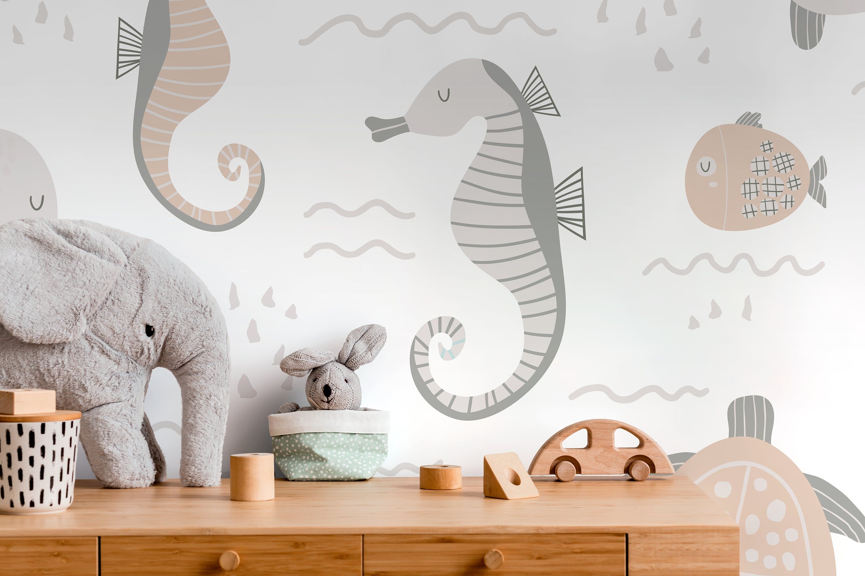 Animal Wallpaper Featuring Sea Creatures In Neutral Gray And Pink - D113
