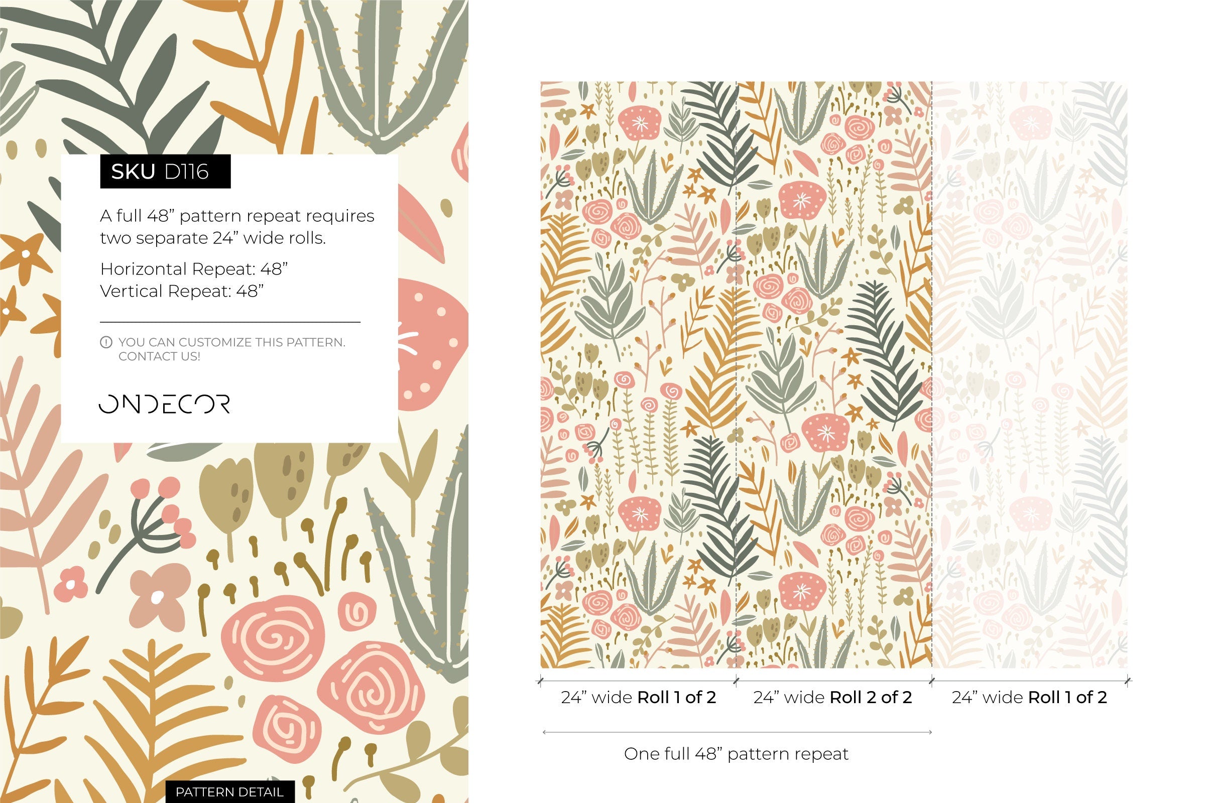 Botanical Wallpaper With Boho Garden Florals In Pink, Green, And Ochre - D116