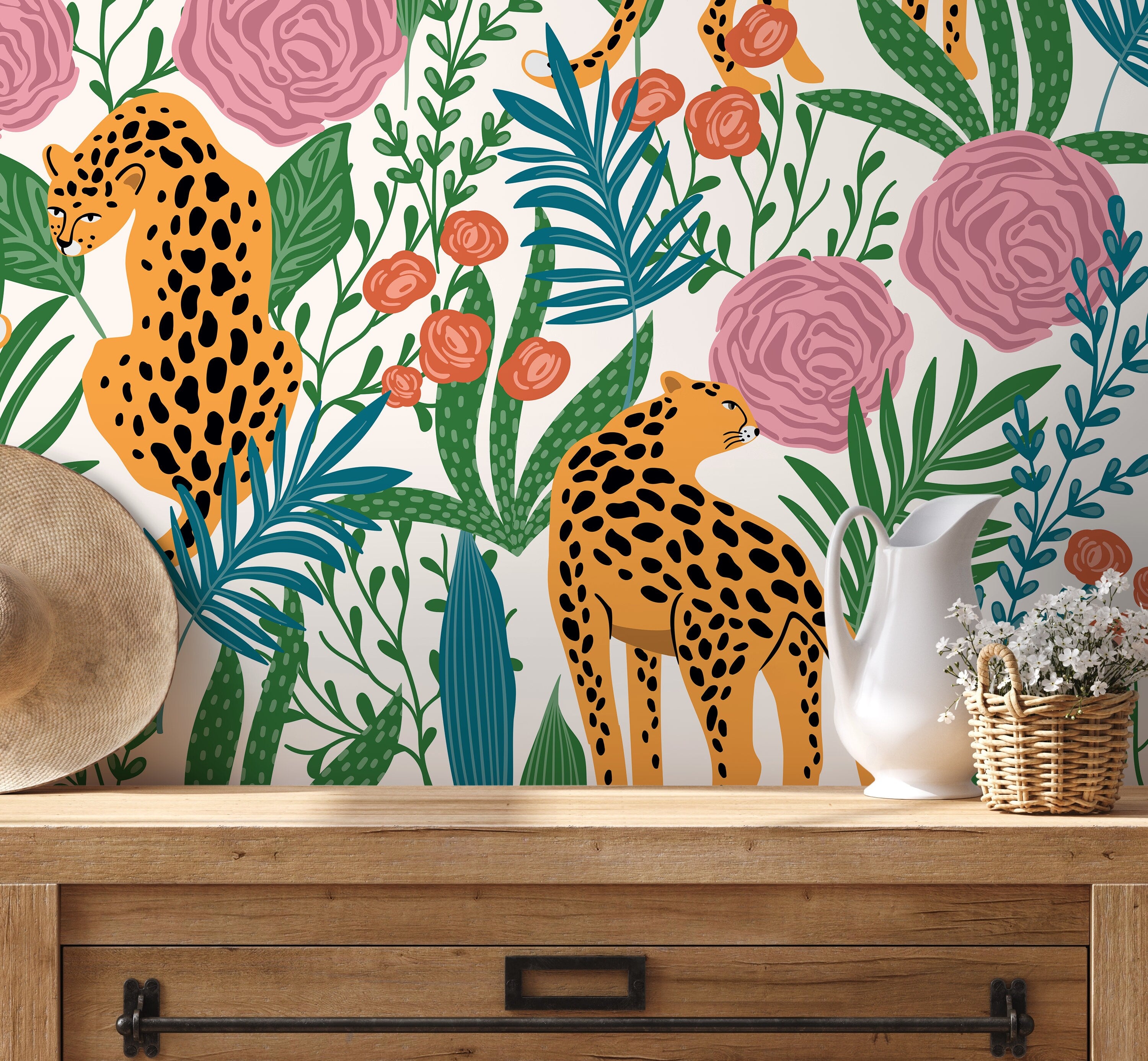 Jungle Wallpaper With Tigers And Floral Motifs In Orange, Pink, And Green - D157