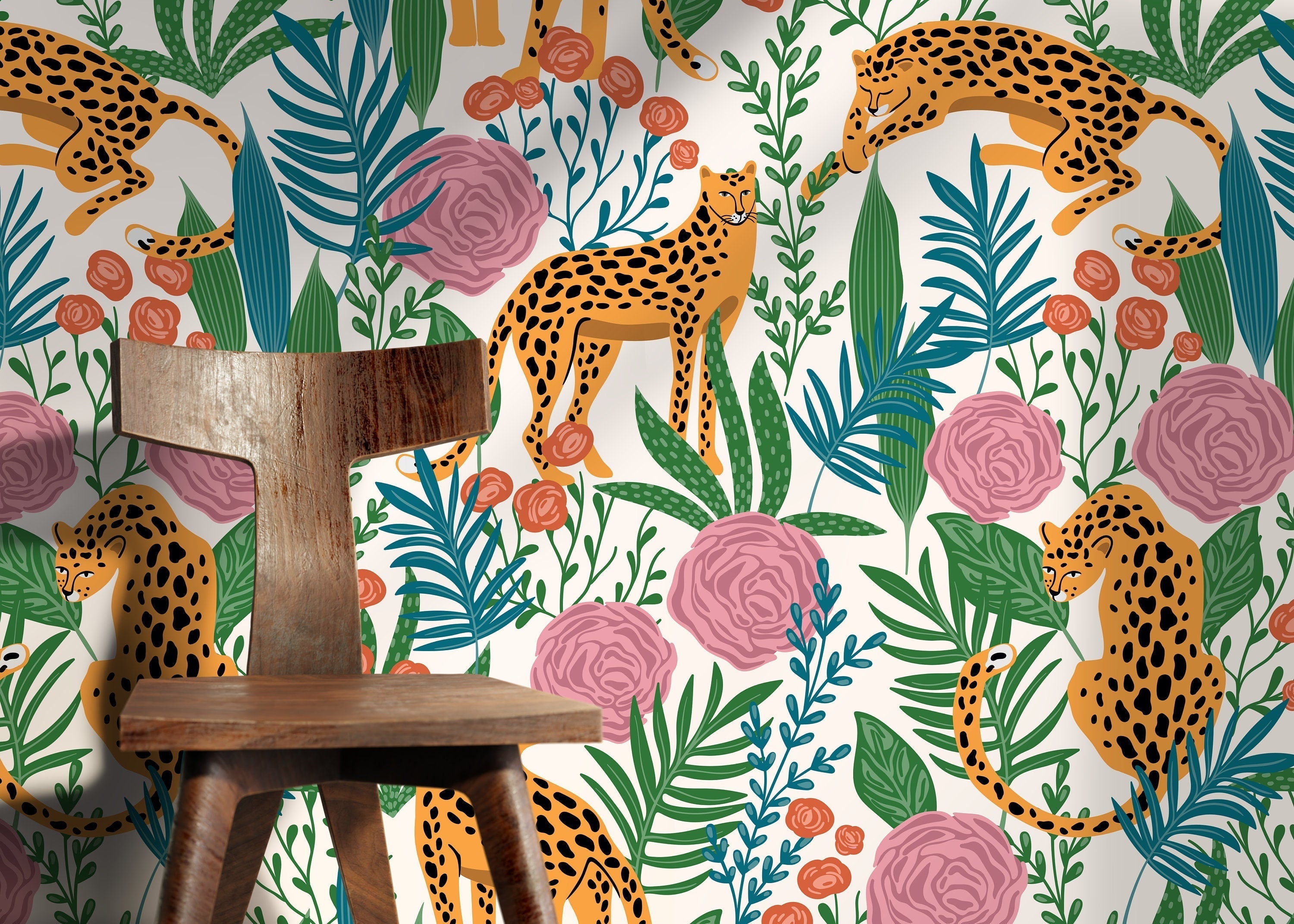 Jungle Wallpaper With Tigers And Floral Motifs In Orange, Pink, And Green - D157