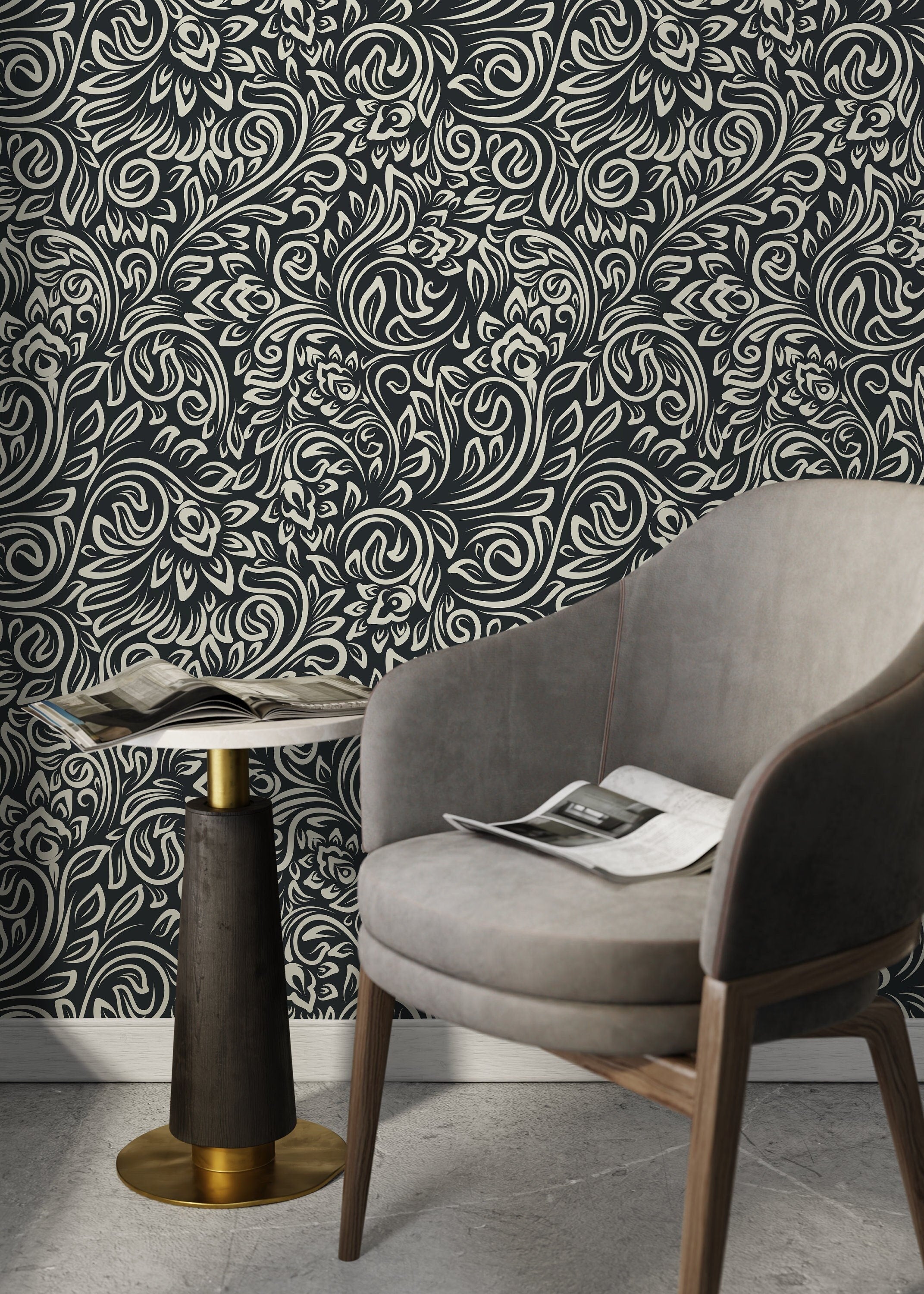 Floral Wallpaper With A Stylized Damask Motif In Black And Cream - D158