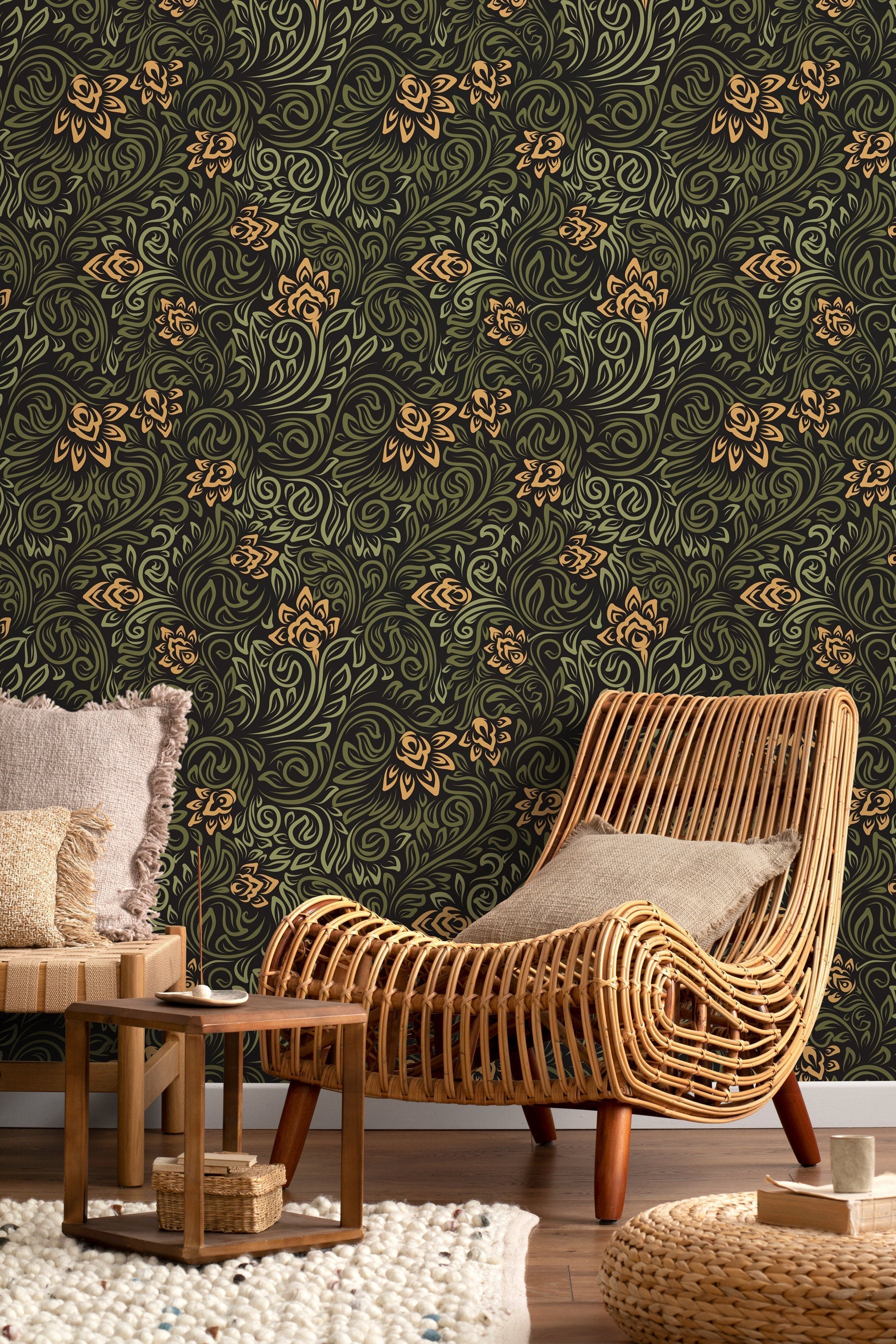 Art Nouveau Wallpaper With Swirling Floral Vines In Green, Gold, And Black - D159
