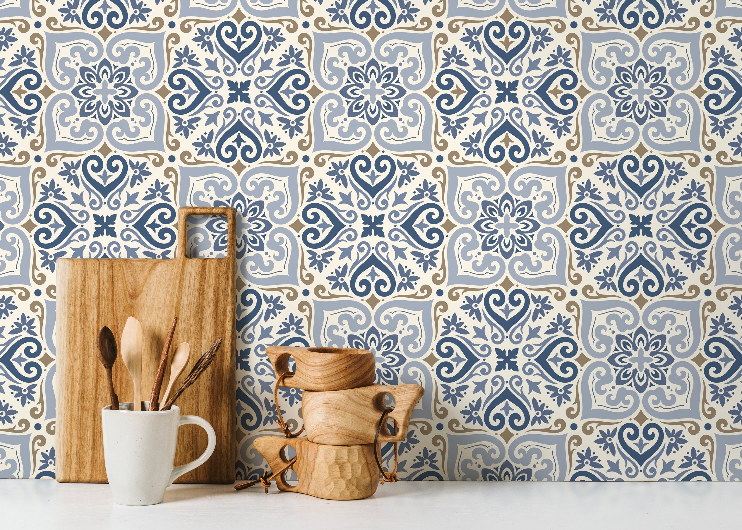 Moroccan Wallpaper With A Traditional Tile Motif In Blue And Brown - D162