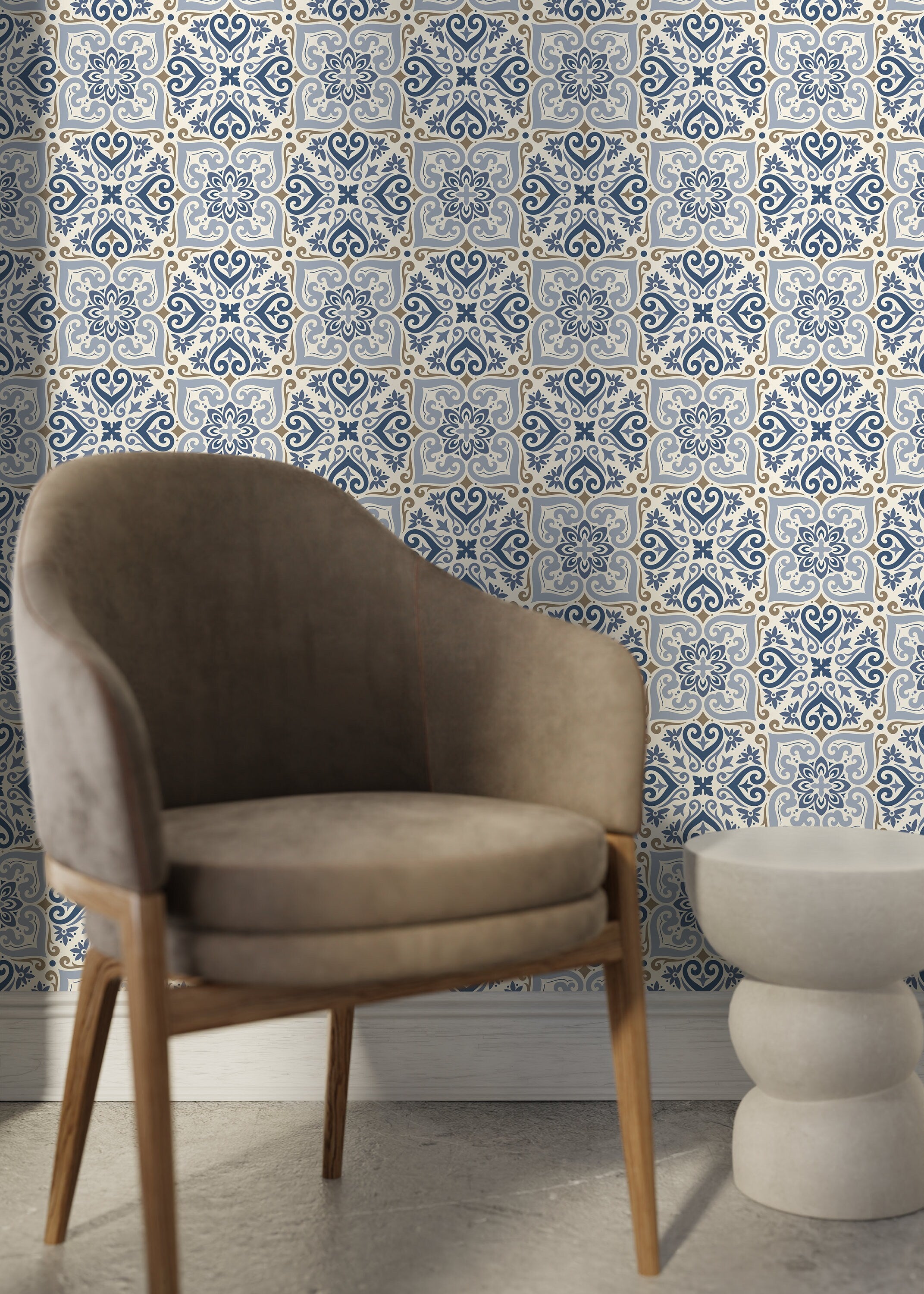 Moroccan Wallpaper With A Traditional Tile Motif In Blue And Brown - D162