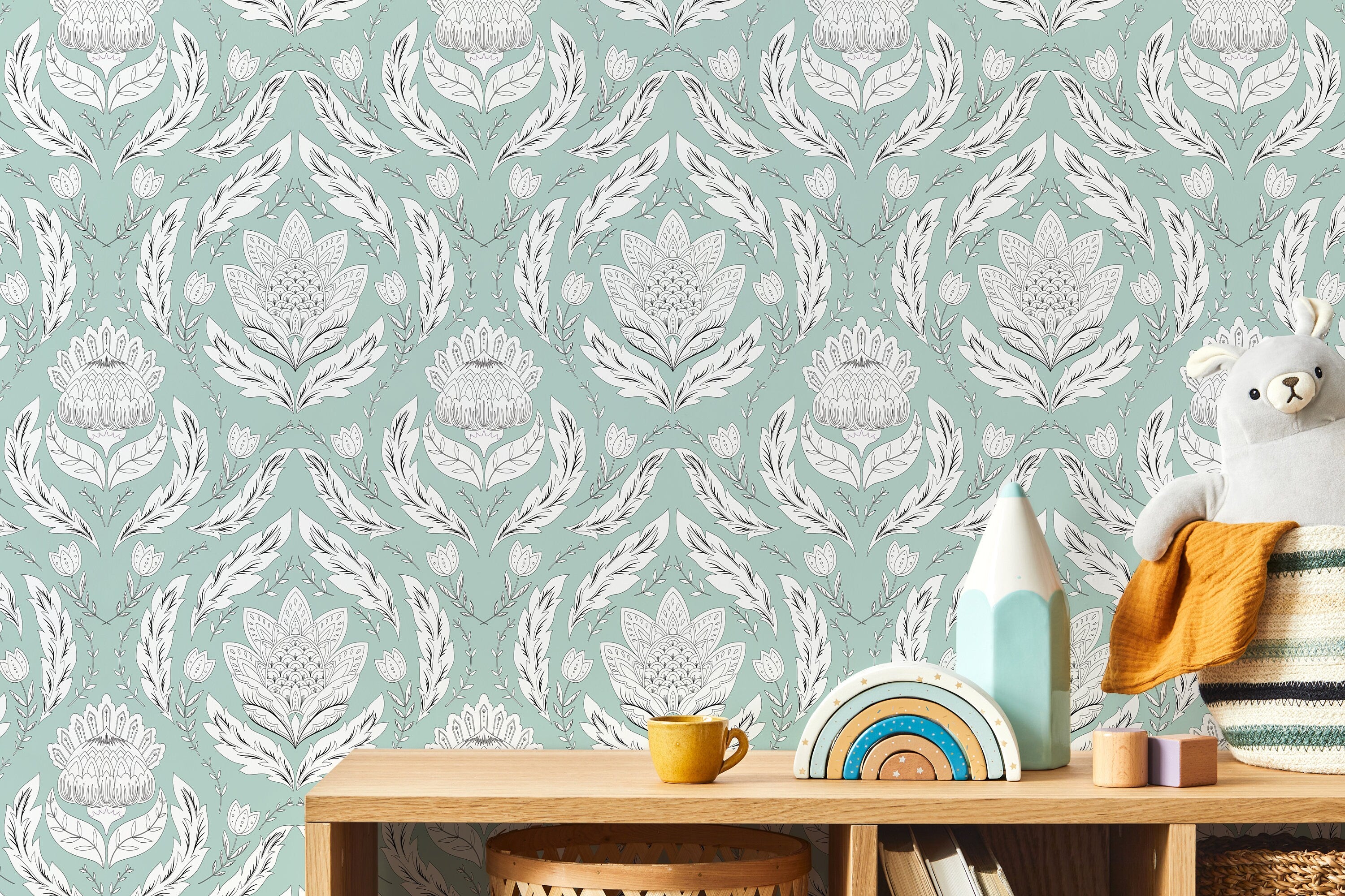 Damask Wallpaper With Stylized Floral Motifs In Mint, White, And Black - D060
