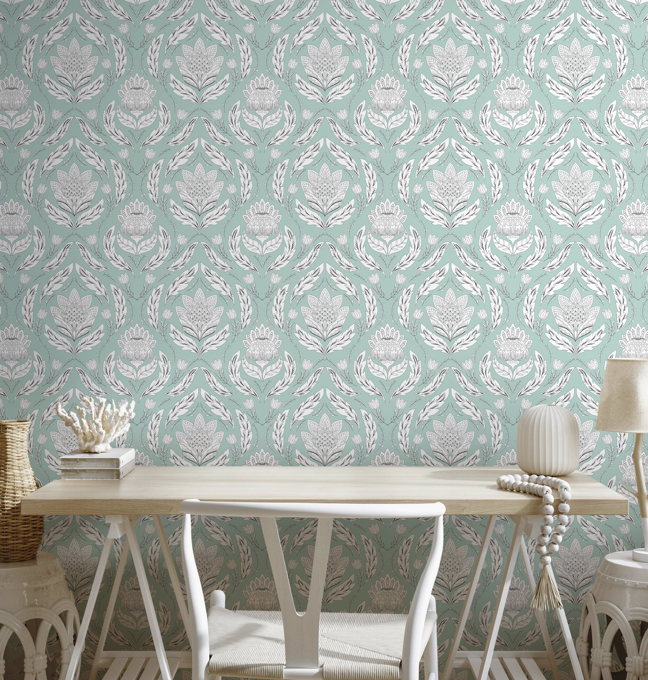 Damask Wallpaper With Stylized Floral Motifs In Mint, White, And Black - D060