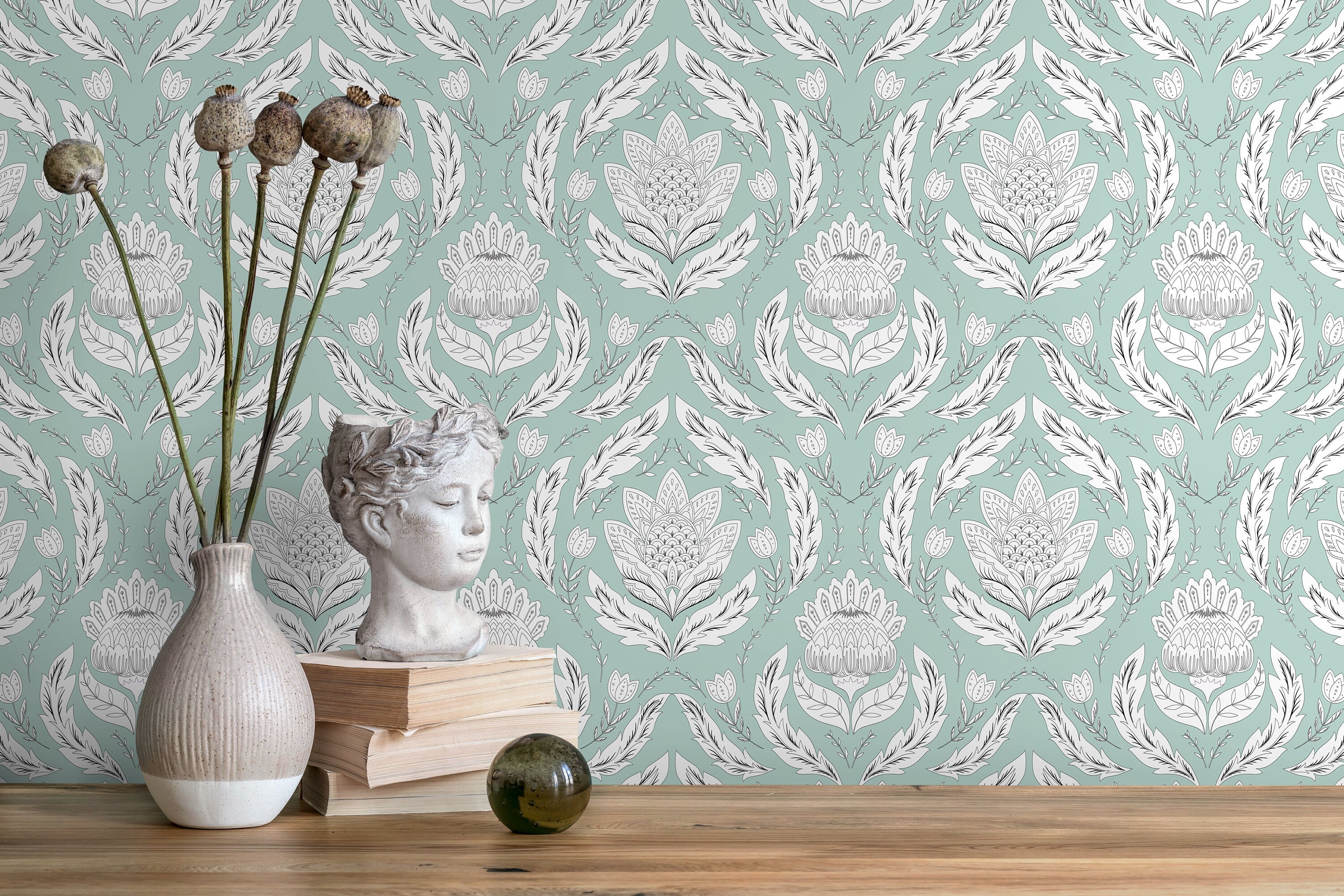 Damask Wallpaper With Stylized Floral Motifs In Mint, White, And Black - D060