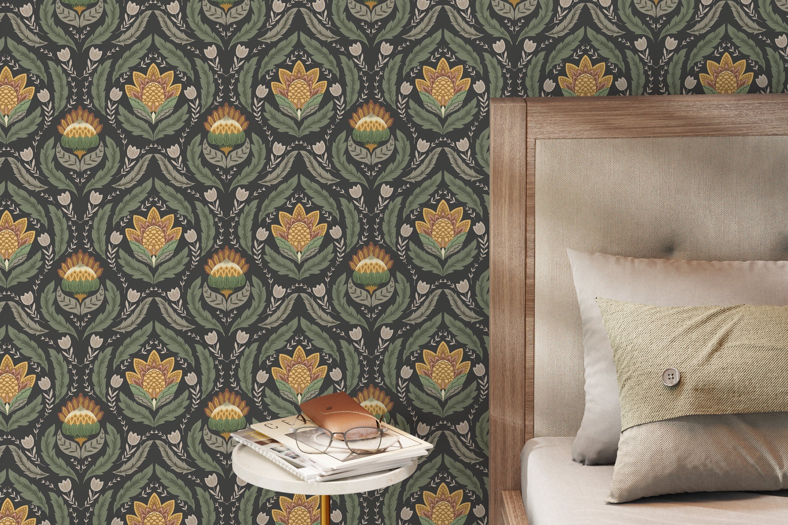 Floral Wallpaper With A Victorian Damask Motif In Green, Yellow, And Charcoal - D062
