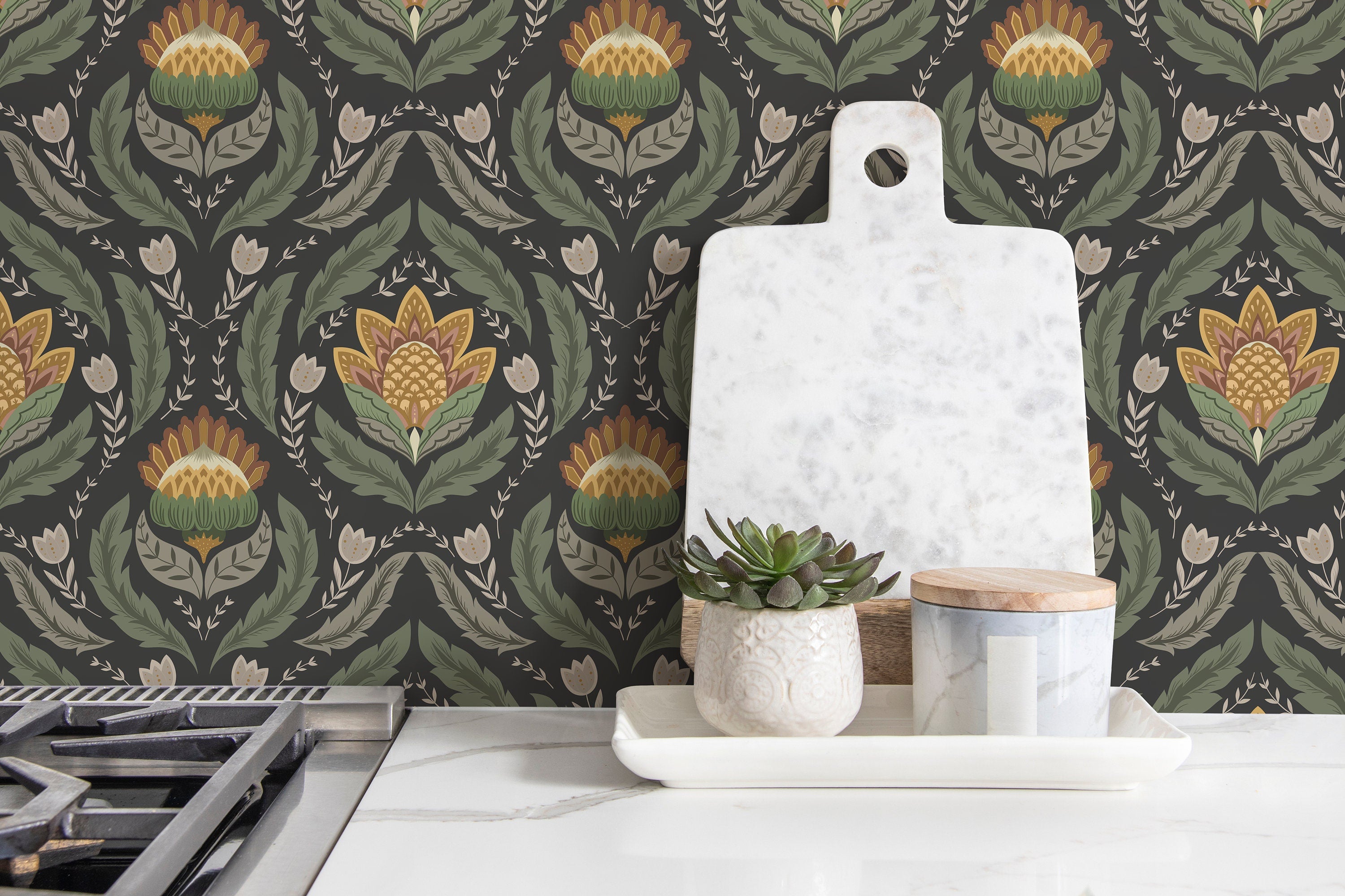 Floral Wallpaper With A Victorian Damask Motif In Green, Yellow, And Charcoal - D062