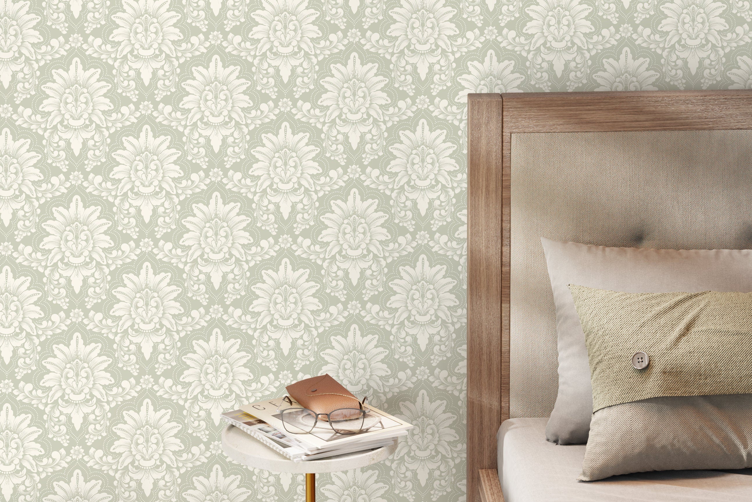 Damask Wallpaper With A Classic Ornate Motif In Sage Green And Cream - D064