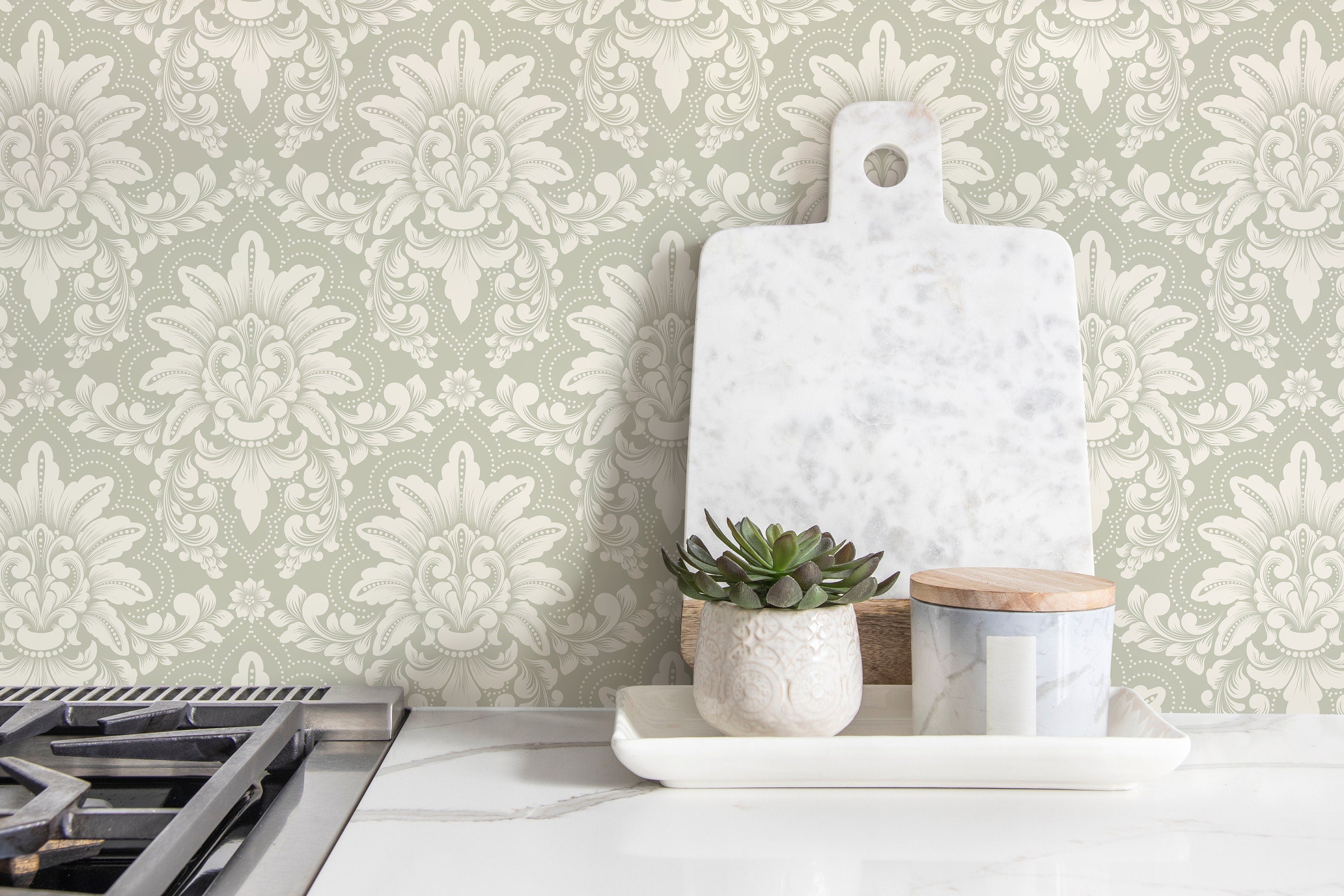 Damask Wallpaper With A Classic Ornate Motif In Sage Green And Cream - D064
