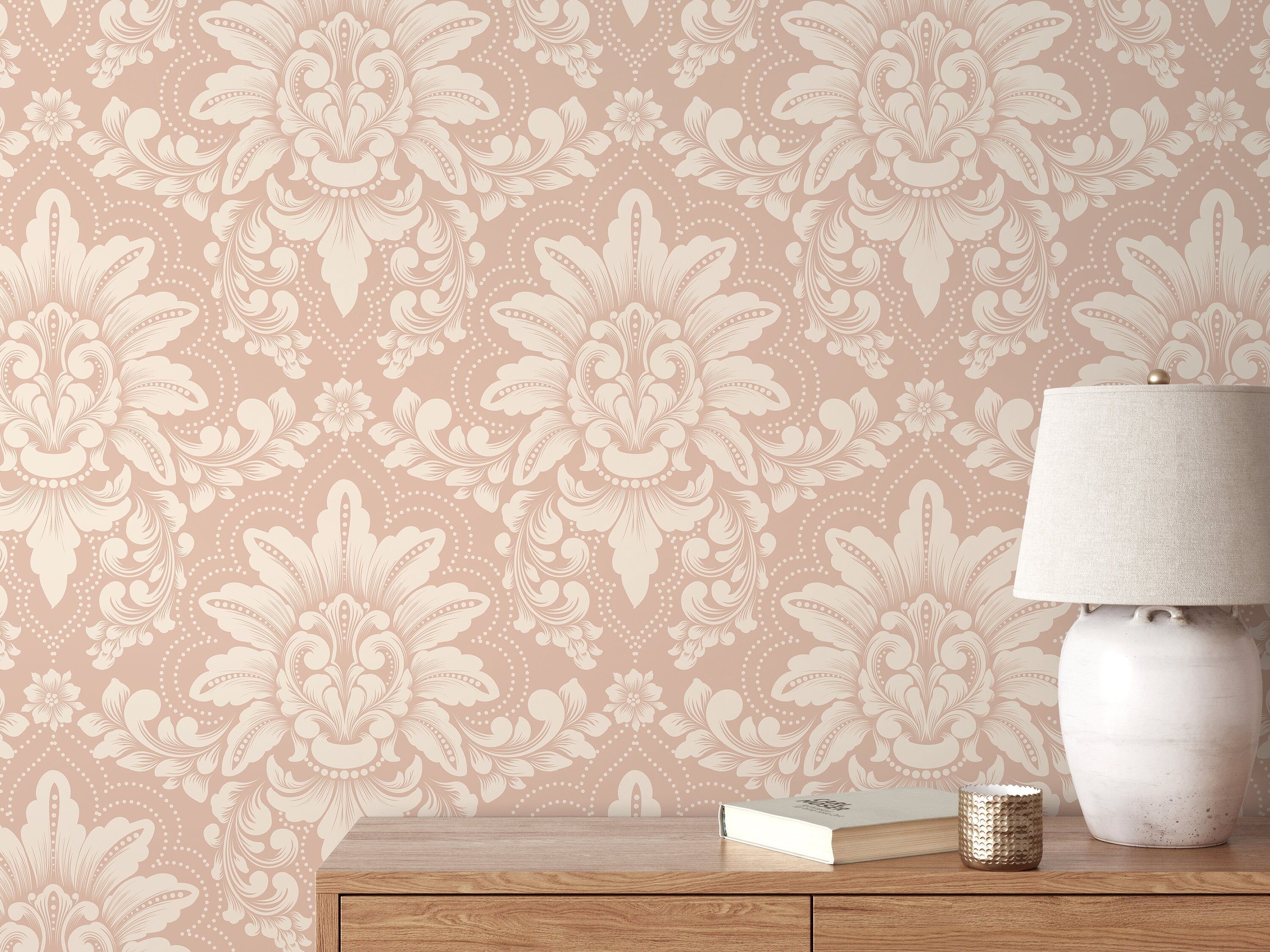 Damask Wallpaper Featuring Elegant Acanthus Leaves In Pink And Cream - D065