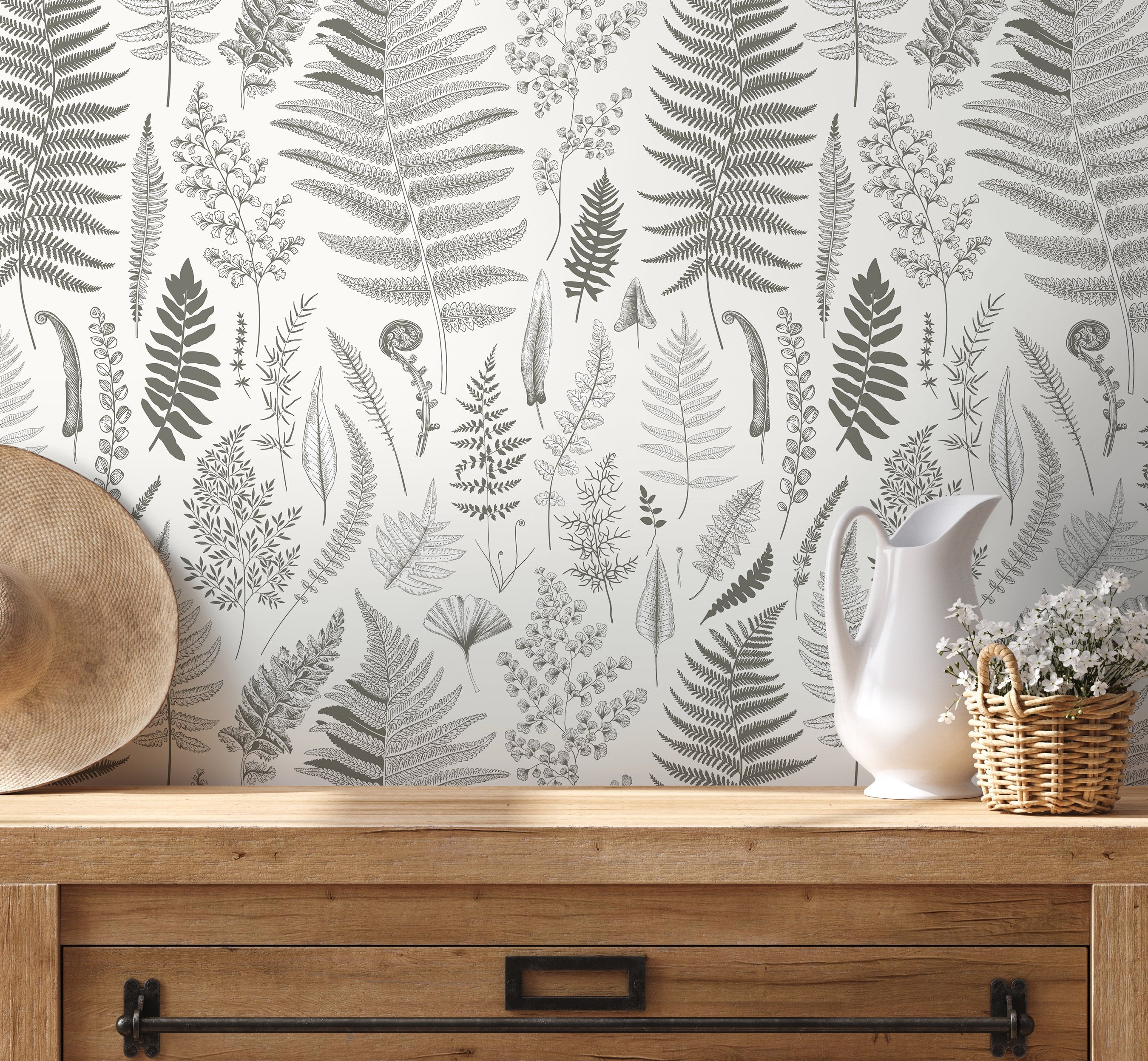 Botanical Wallpaper With A Vintage Fern Motif In Gray And Black - D066