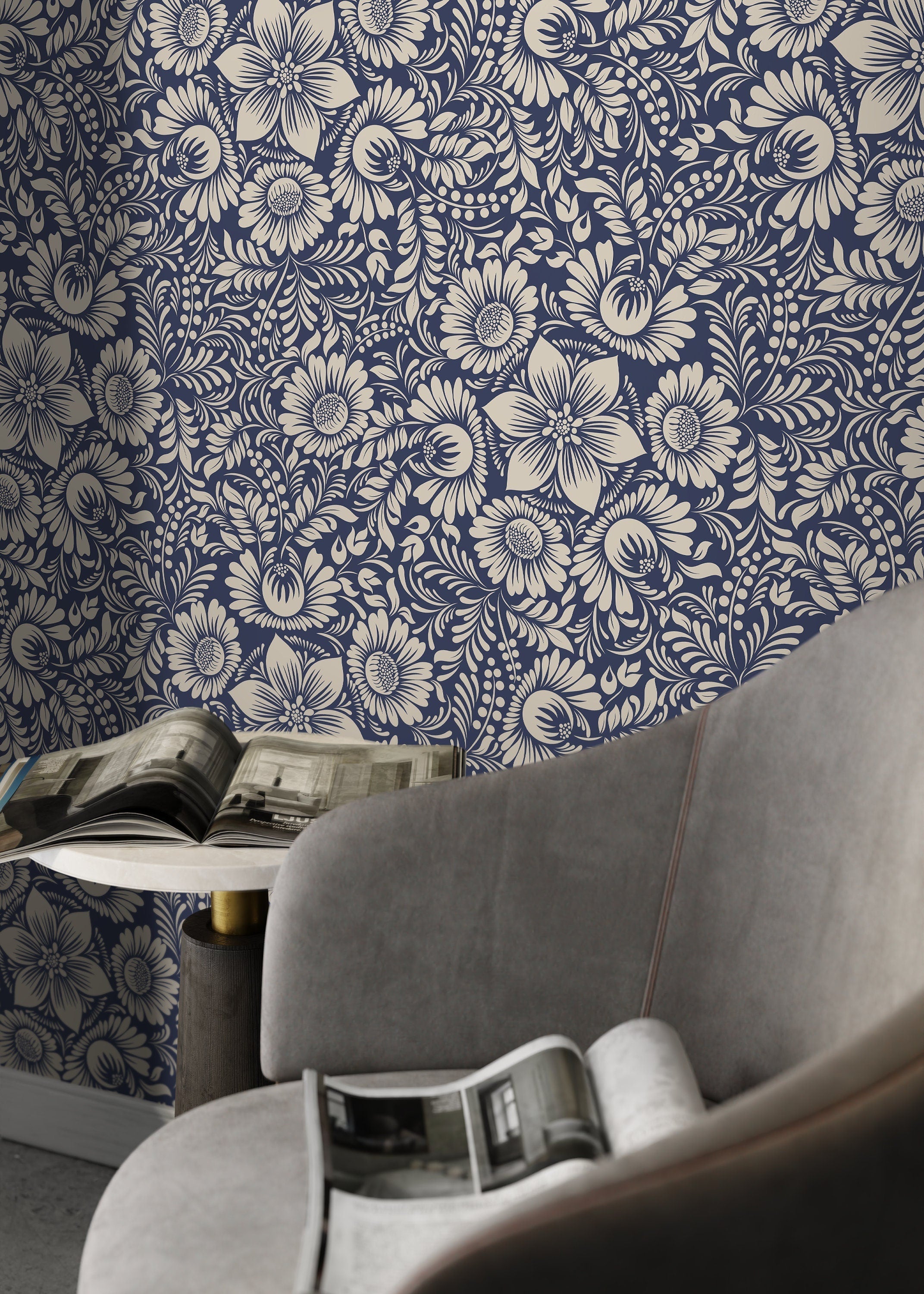 Floral Wallpaper With An Intricate Folk Art Motif In Blue And Beige - D068