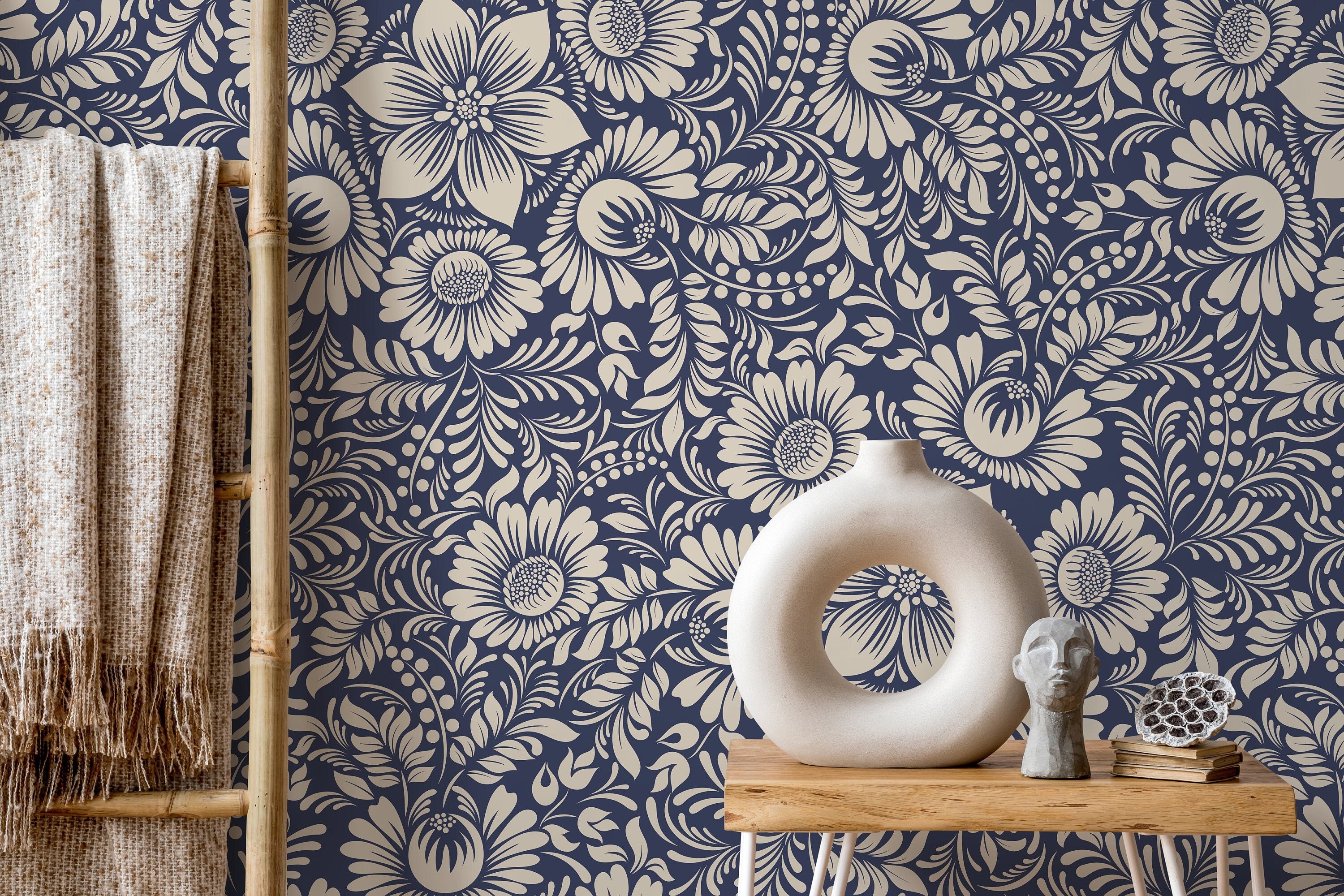 Floral Wallpaper With An Intricate Folk Art Motif In Blue And Beige - D068