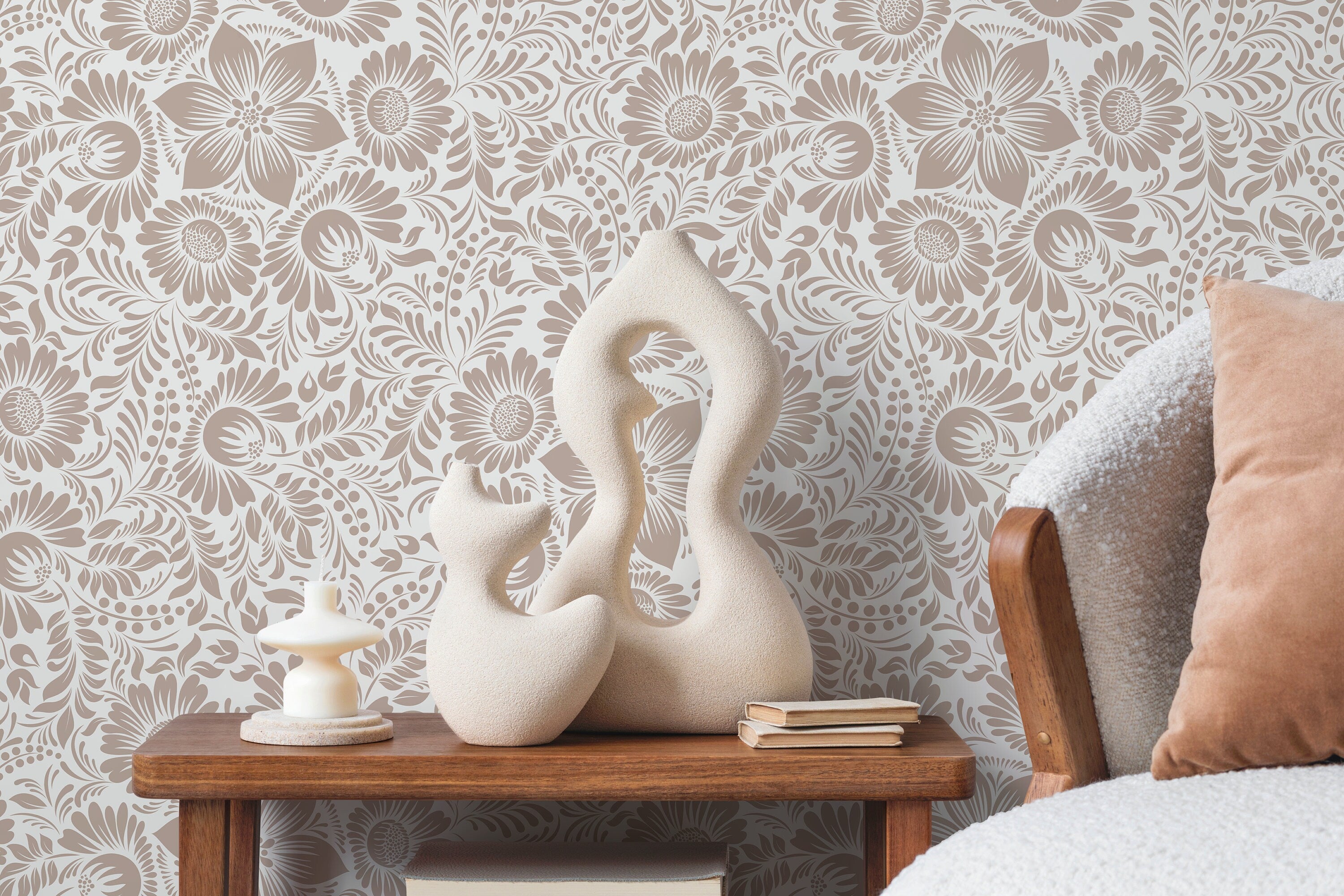 Floral Wallpaper With An Intricate Folk Art Motif In Taupe - D069