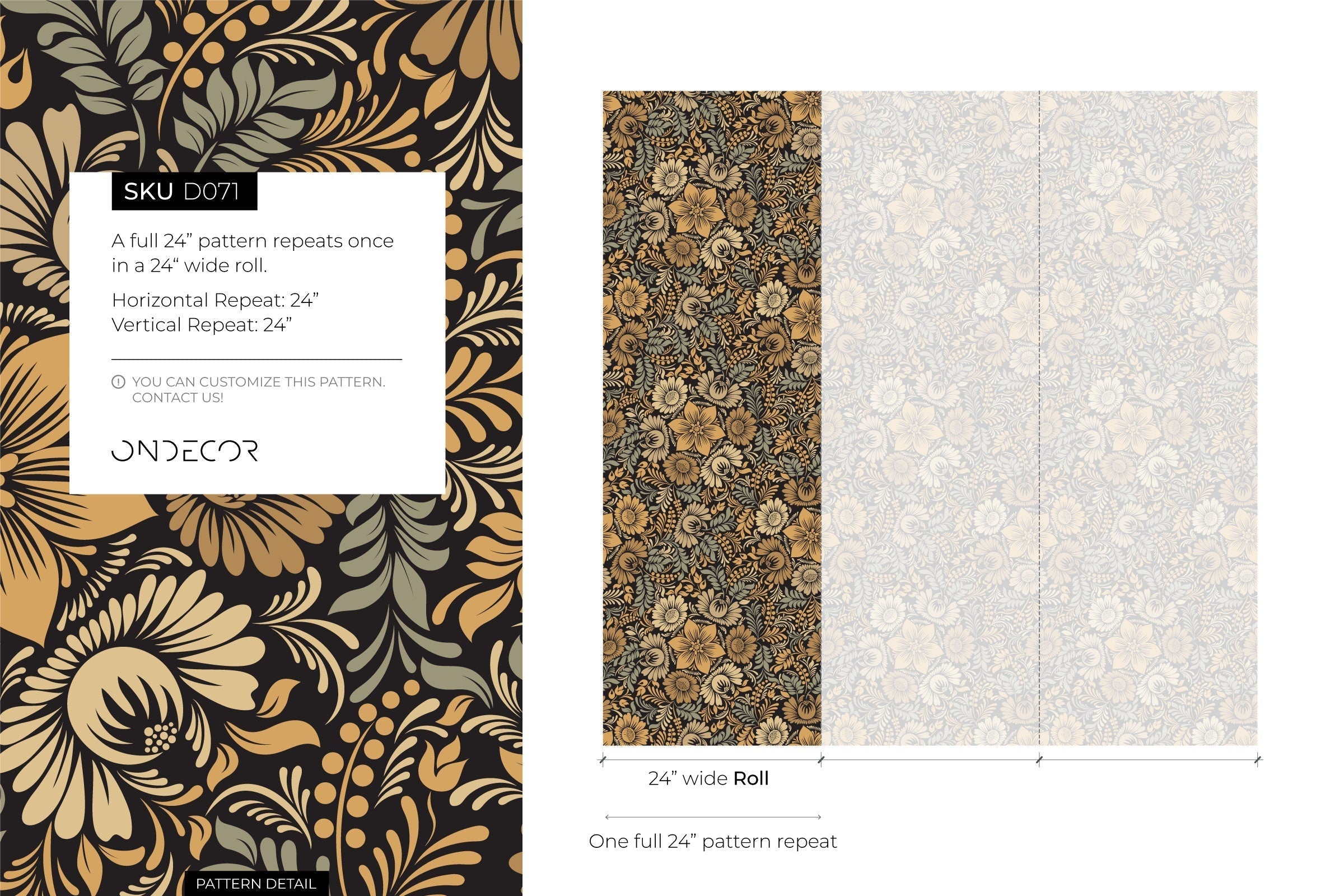 Floral Wallpaper With A Stylized Sunflower Damask In Gold, Sage Green, And Black - D071