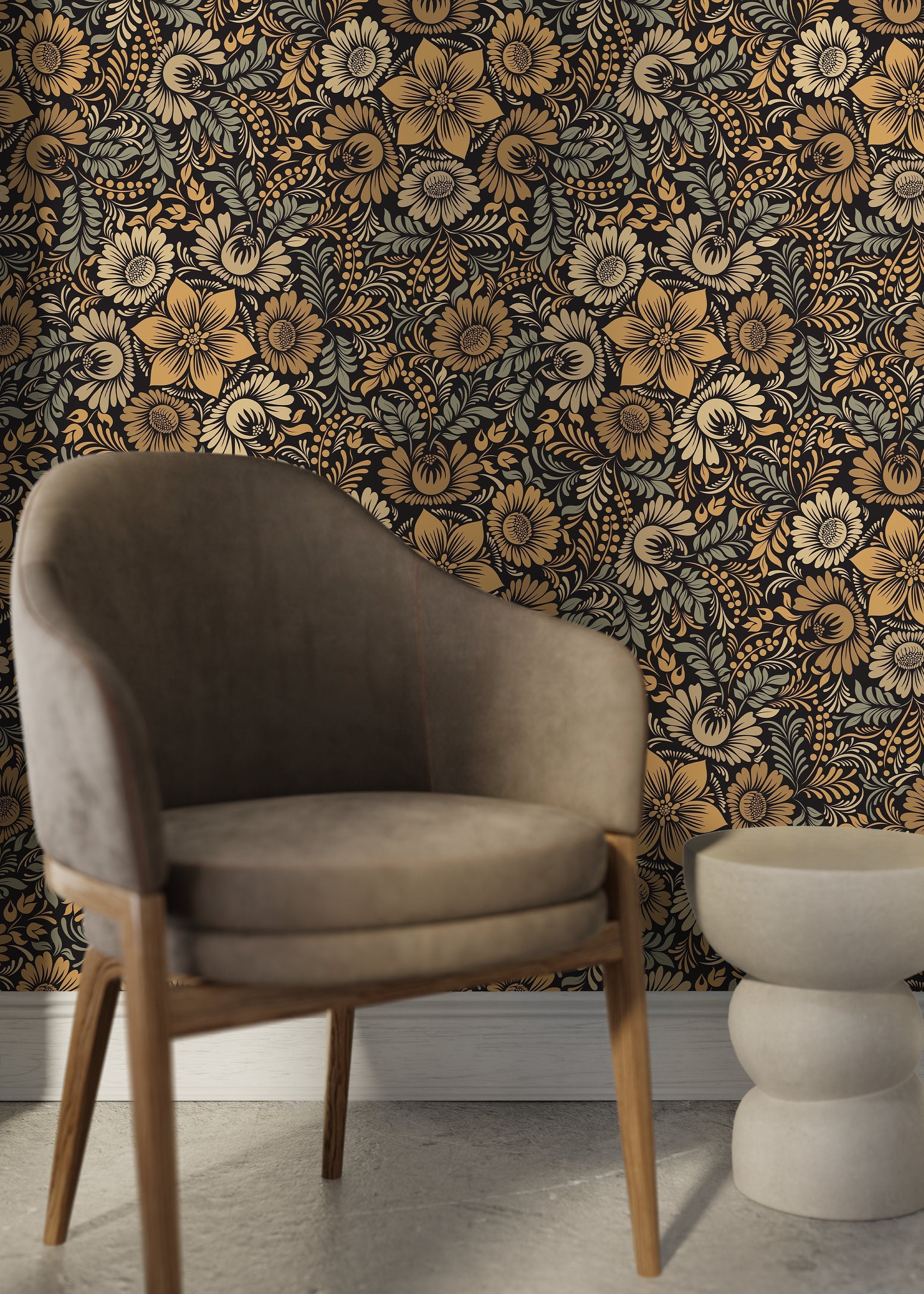 Floral Wallpaper With A Stylized Sunflower Damask In Gold, Sage Green, And Black - D071