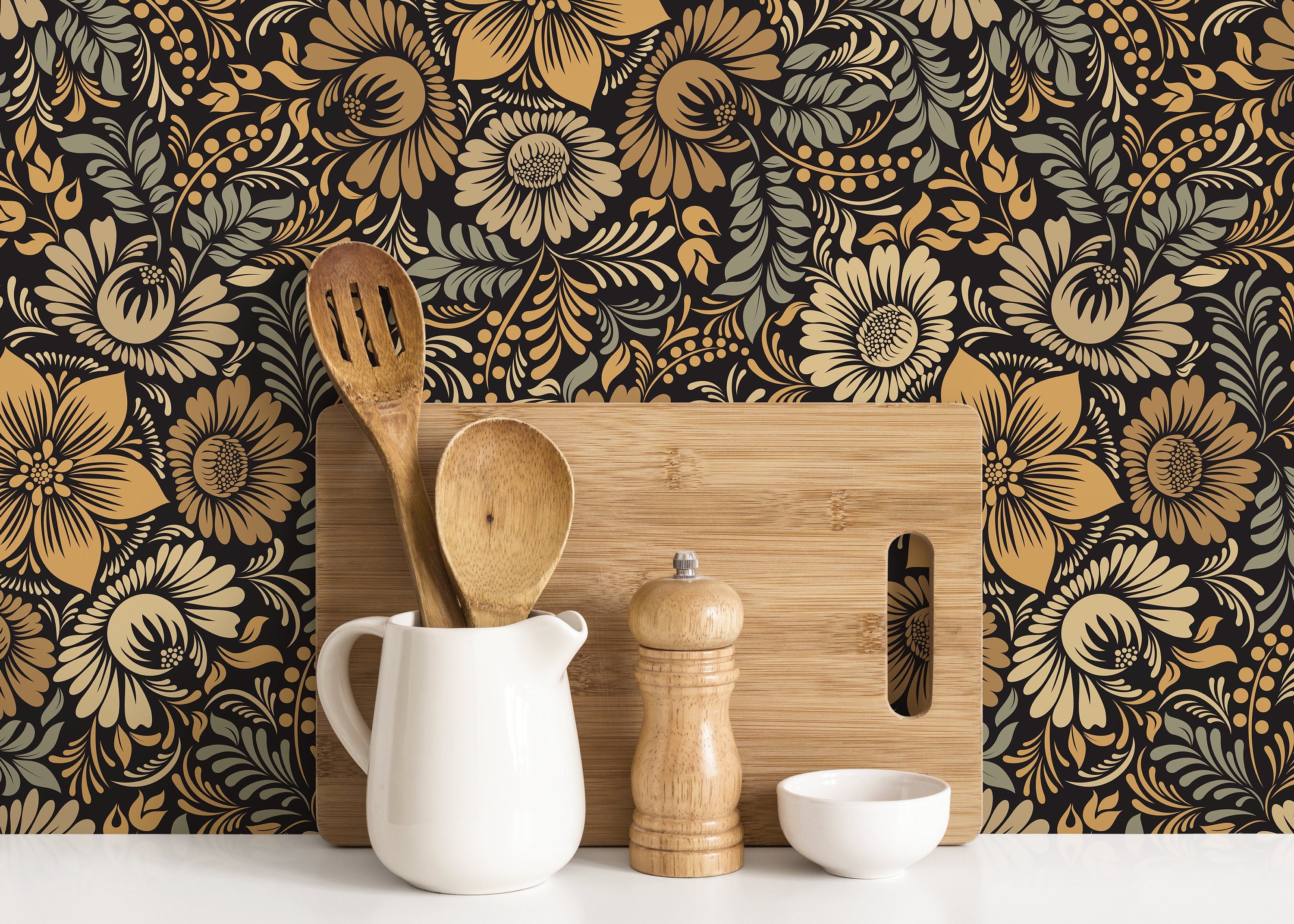 Floral Wallpaper With A Stylized Sunflower Damask In Gold, Sage Green, And Black - D071