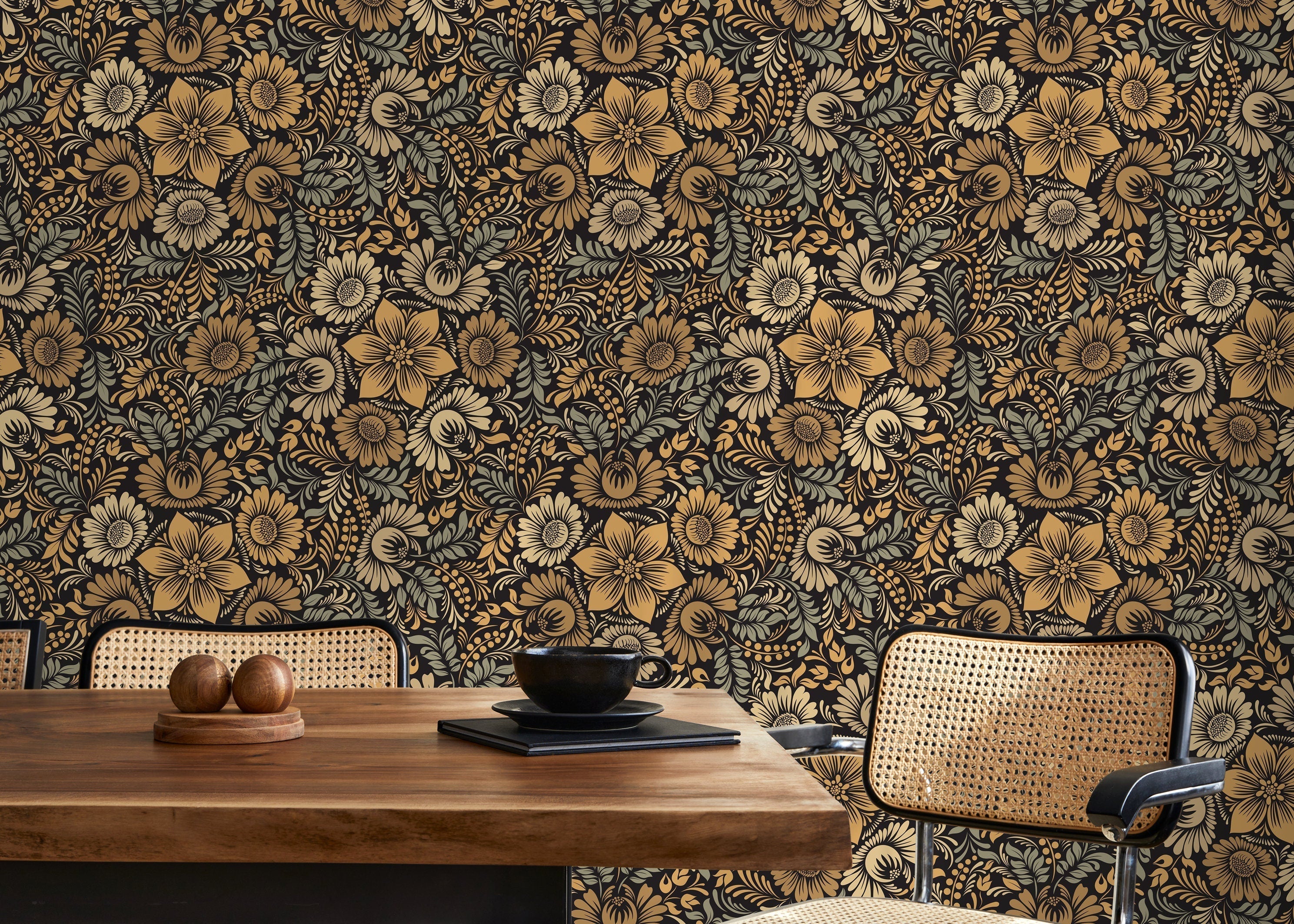 Floral Wallpaper With A Stylized Sunflower Damask In Gold, Sage Green, And Black - D071