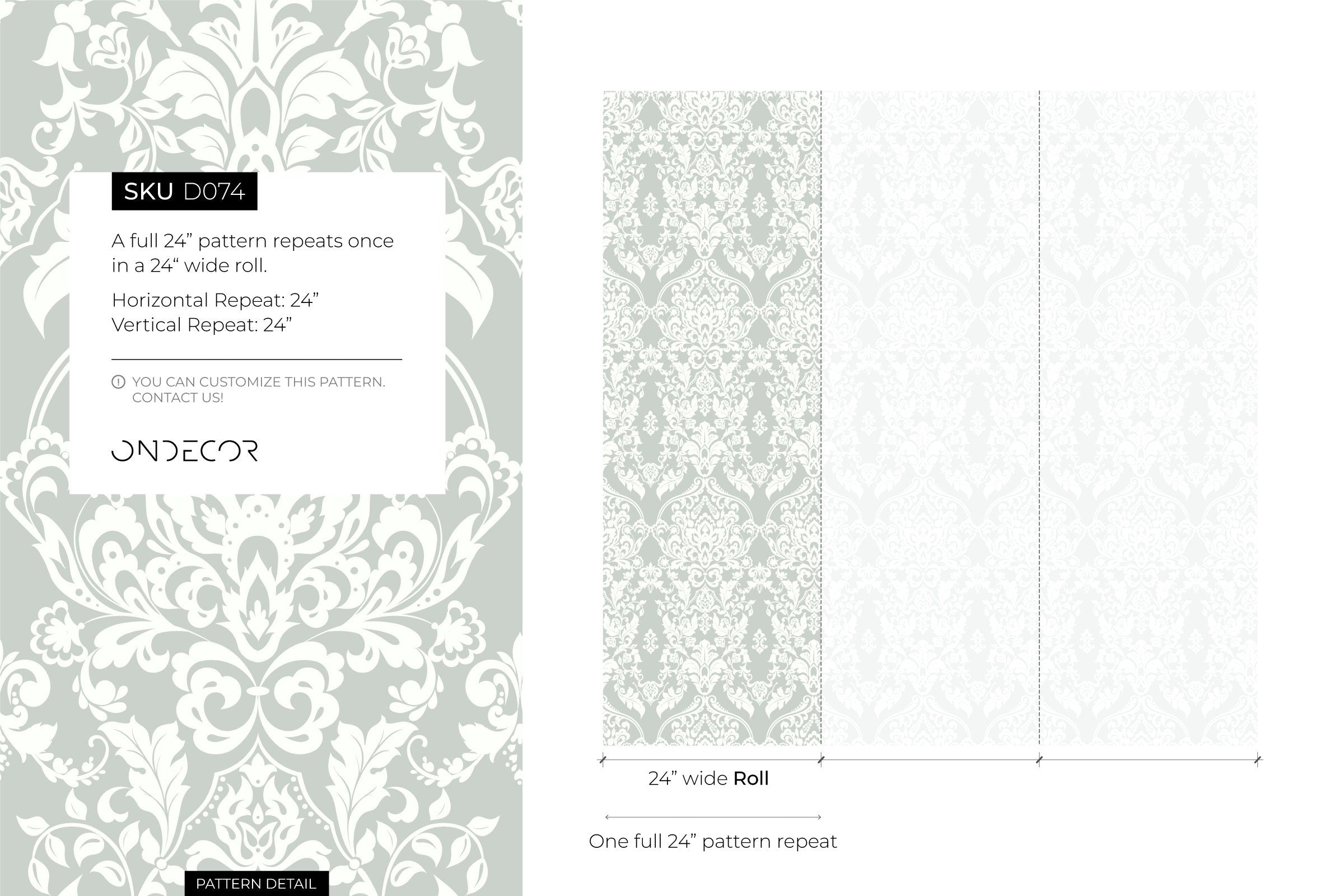 Damask Wallpaper With A Vintage Floral Motif In Sage Green And White - D074
