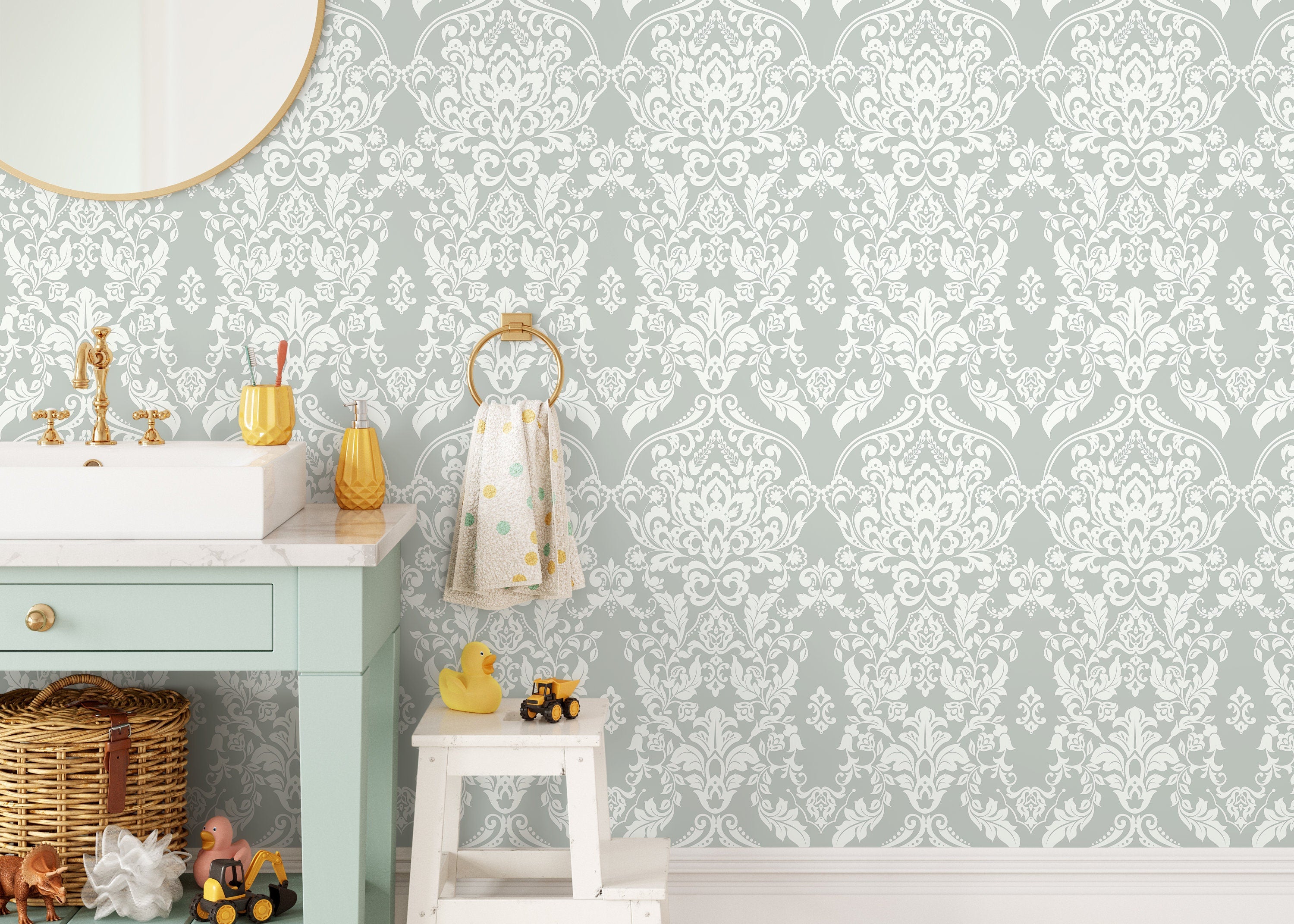 Damask Wallpaper With A Vintage Floral Motif In Sage Green And White - D074