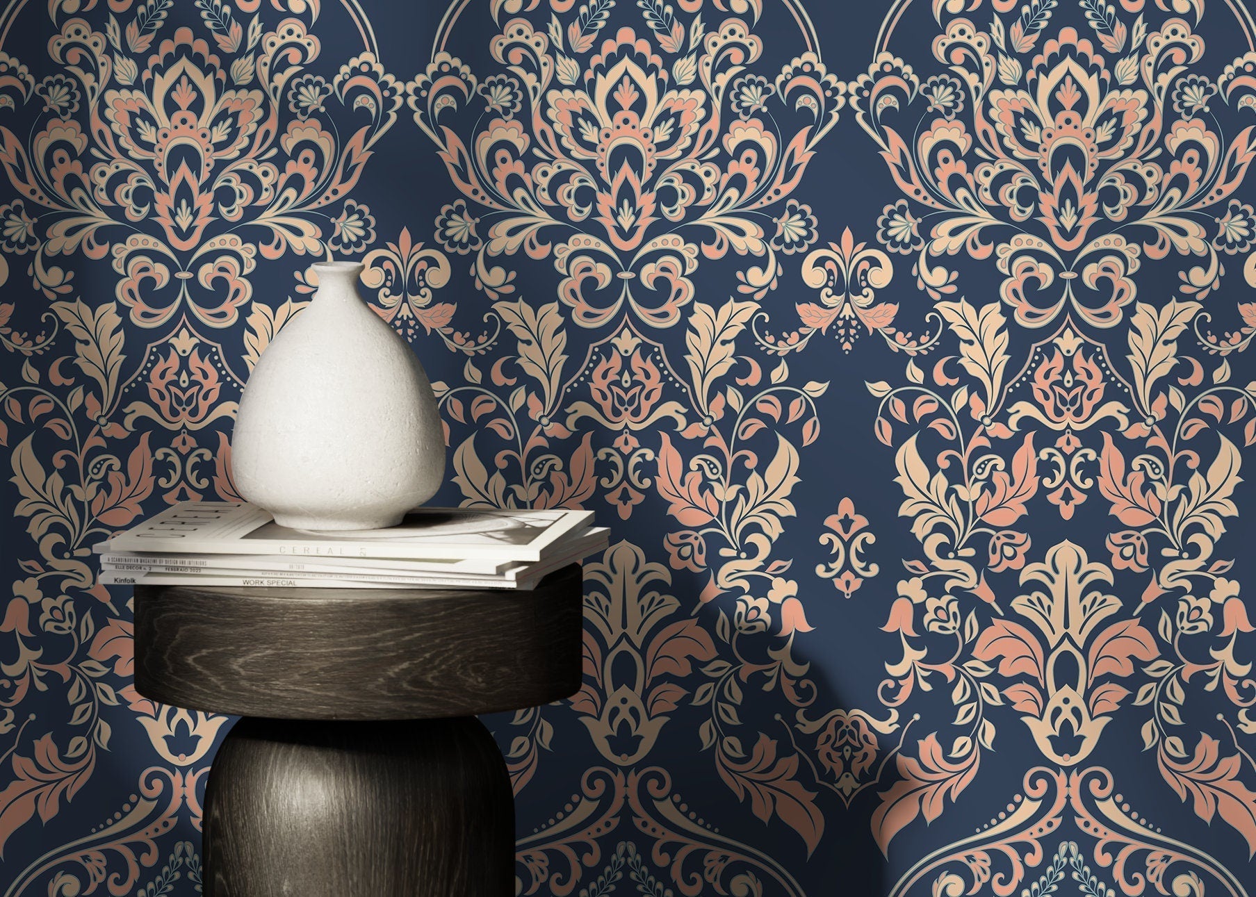 Victorian Damask Wallpaper With An Ornate Motif In Navy Blue, Peach, And Beige - D075