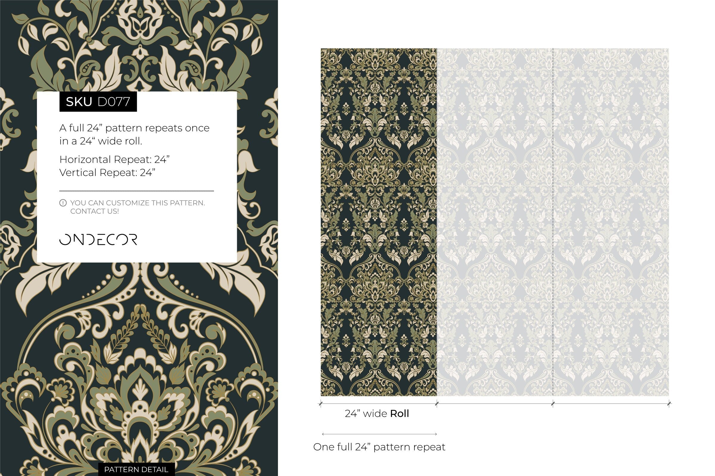 Damask Wallpaper With An Ornate Victorian Motif In Green And Beige - D077