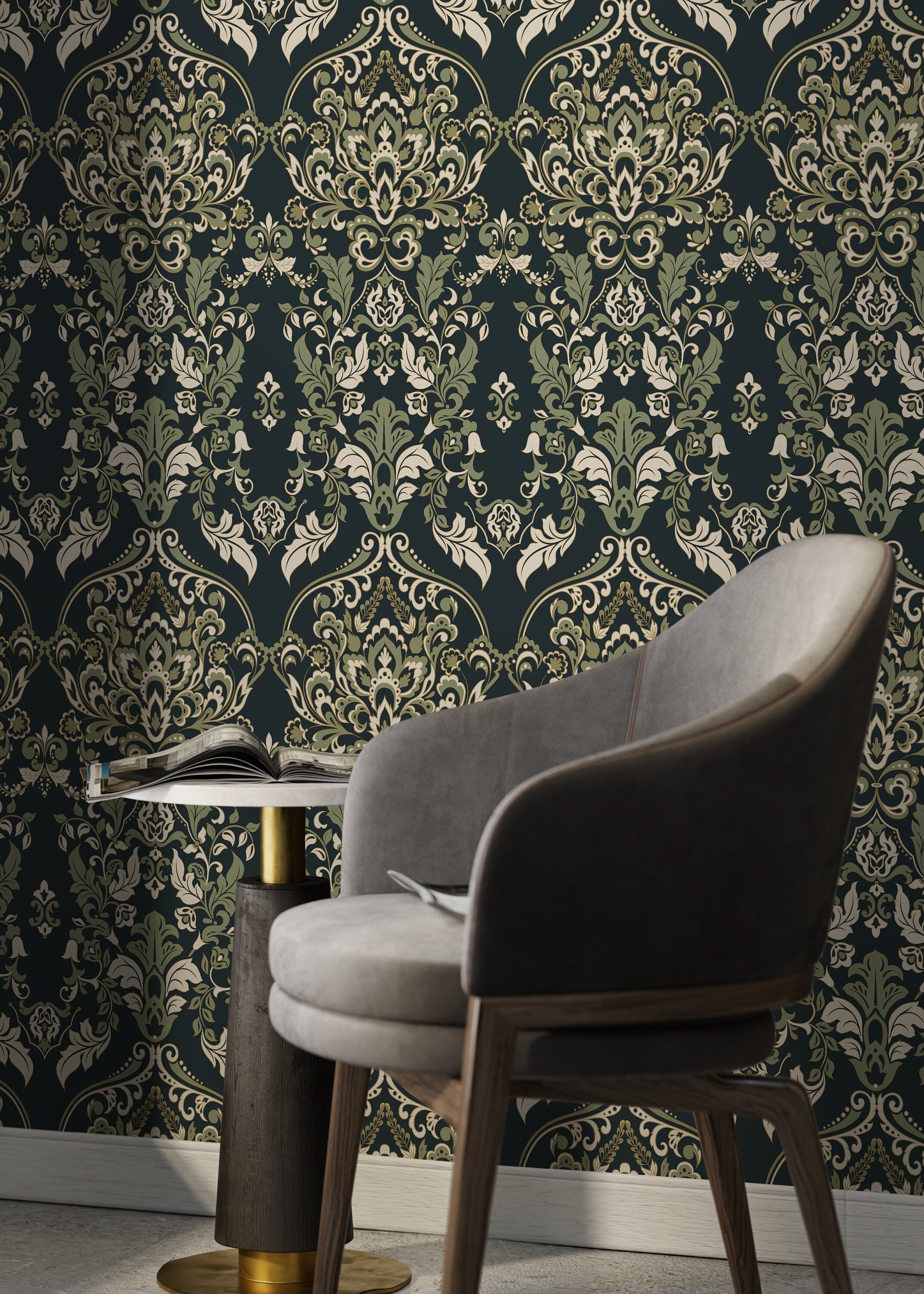 Damask Wallpaper With An Ornate Victorian Motif In Green And Beige - D077