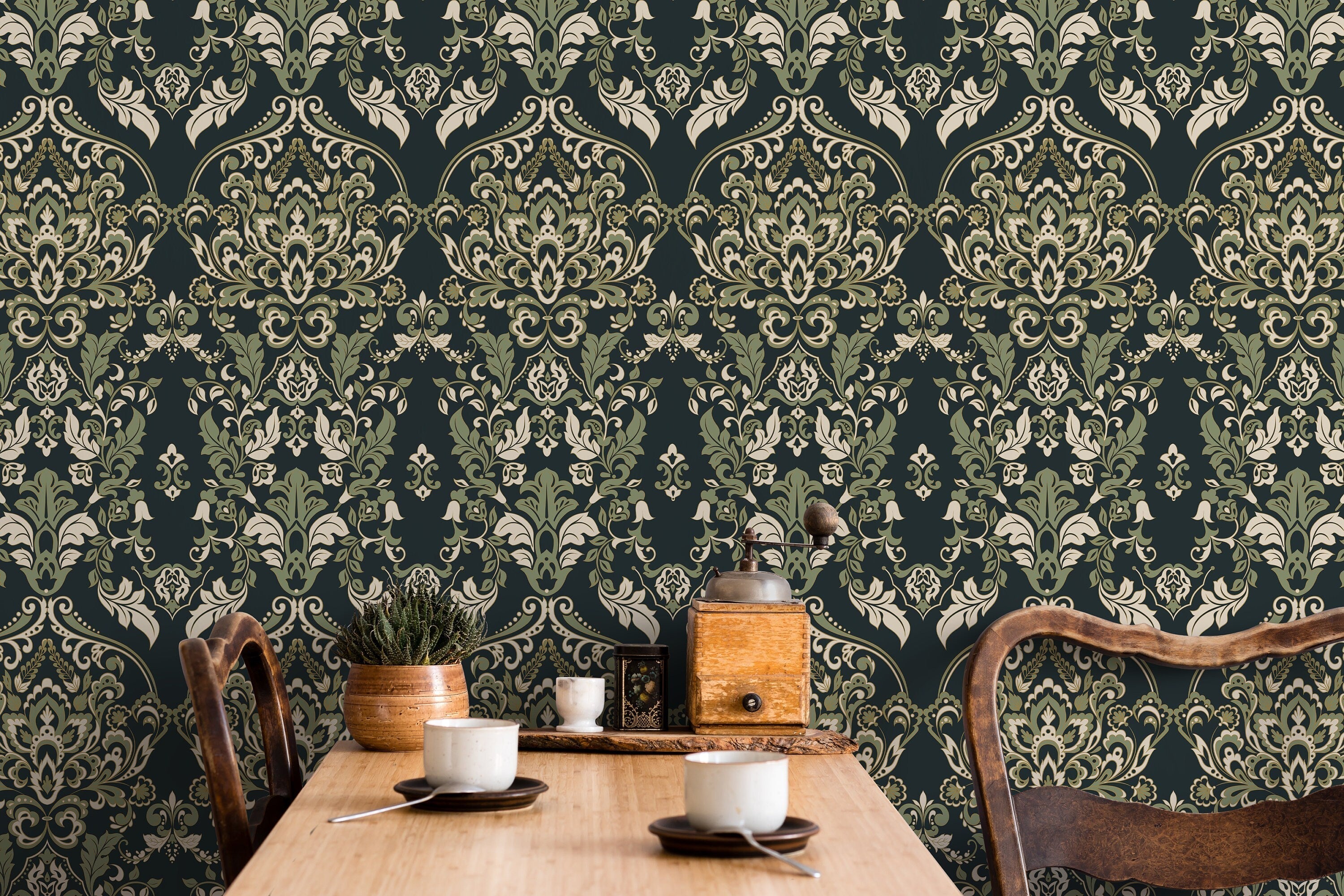 Damask Wallpaper With An Ornate Victorian Motif In Green And Beige - D077