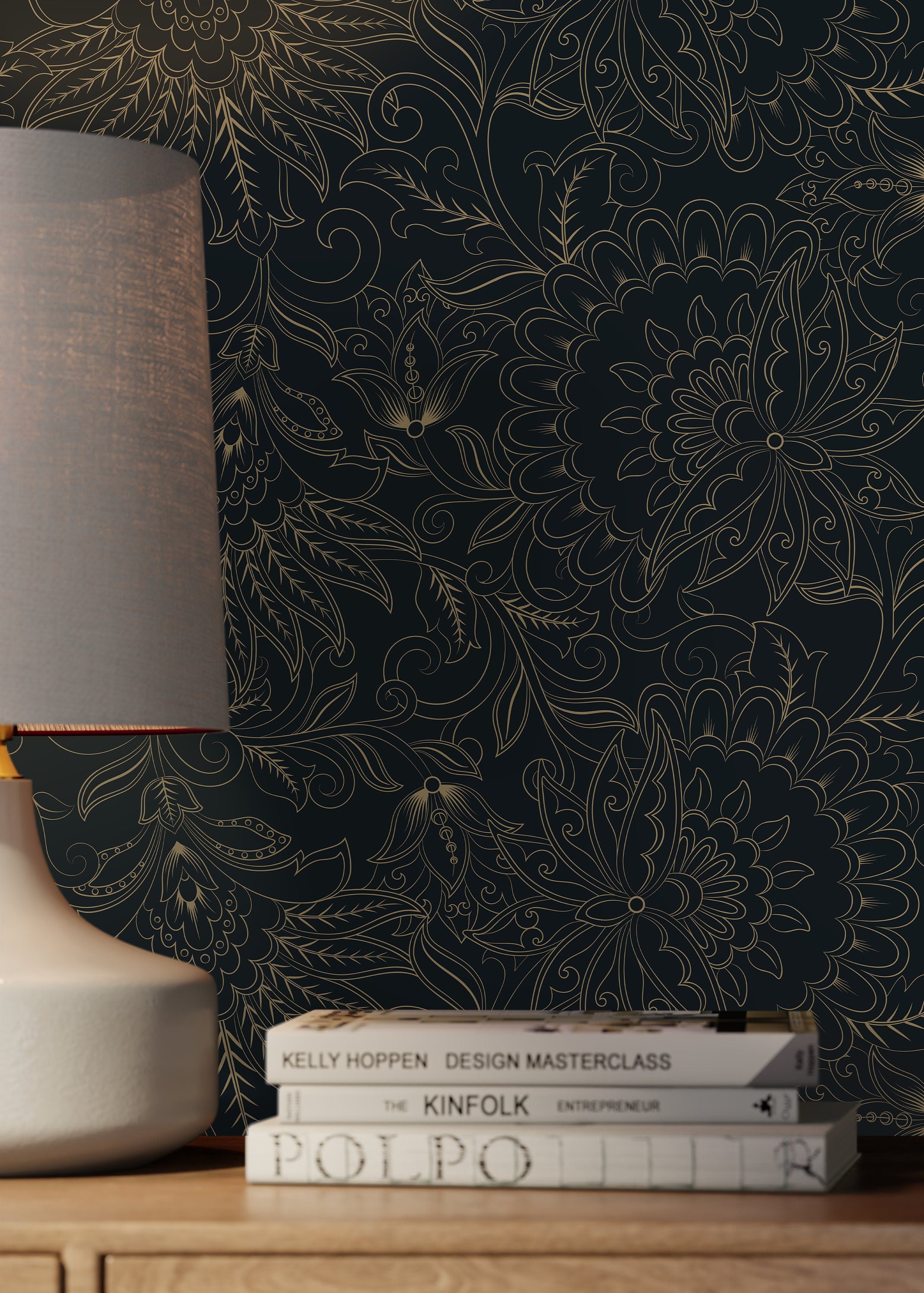 Victorian Wallpaper With Intricate Floral Scrolls In Black And Gold - D081