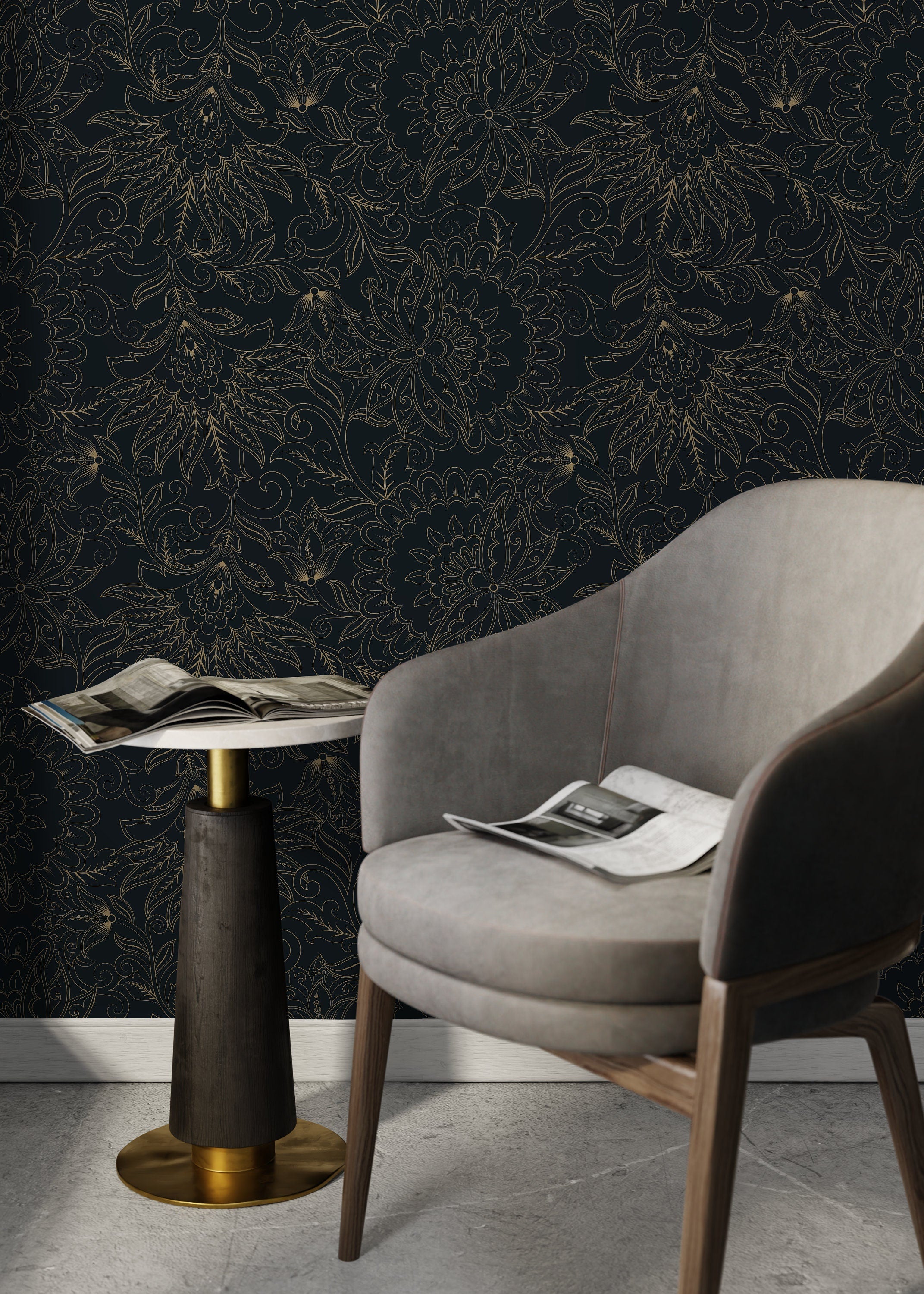 Victorian Wallpaper With Intricate Floral Scrolls In Black And Gold - D081