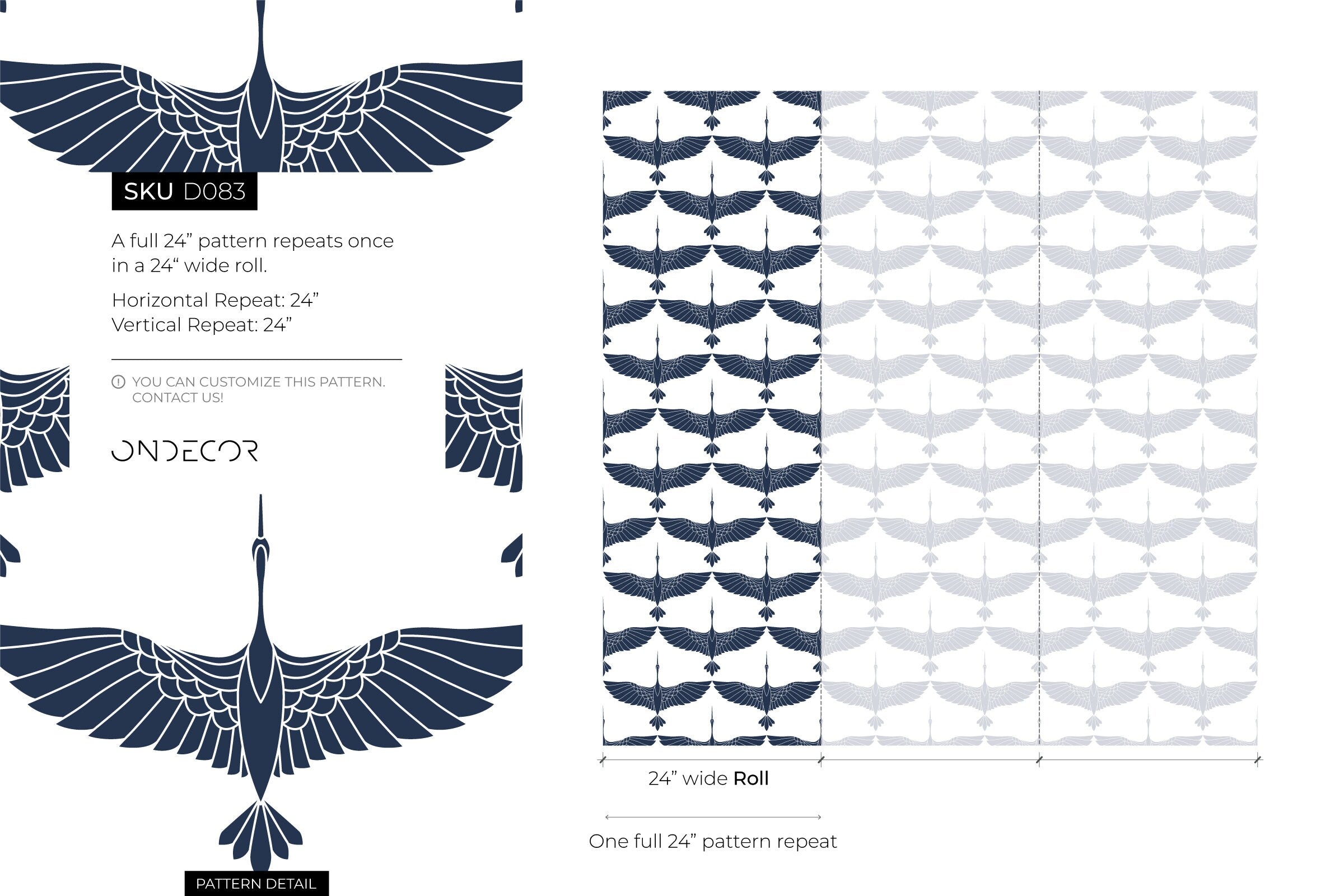 Art Deco Wallpaper With Flying Cranes In Navy Blue And Light Grey - D083