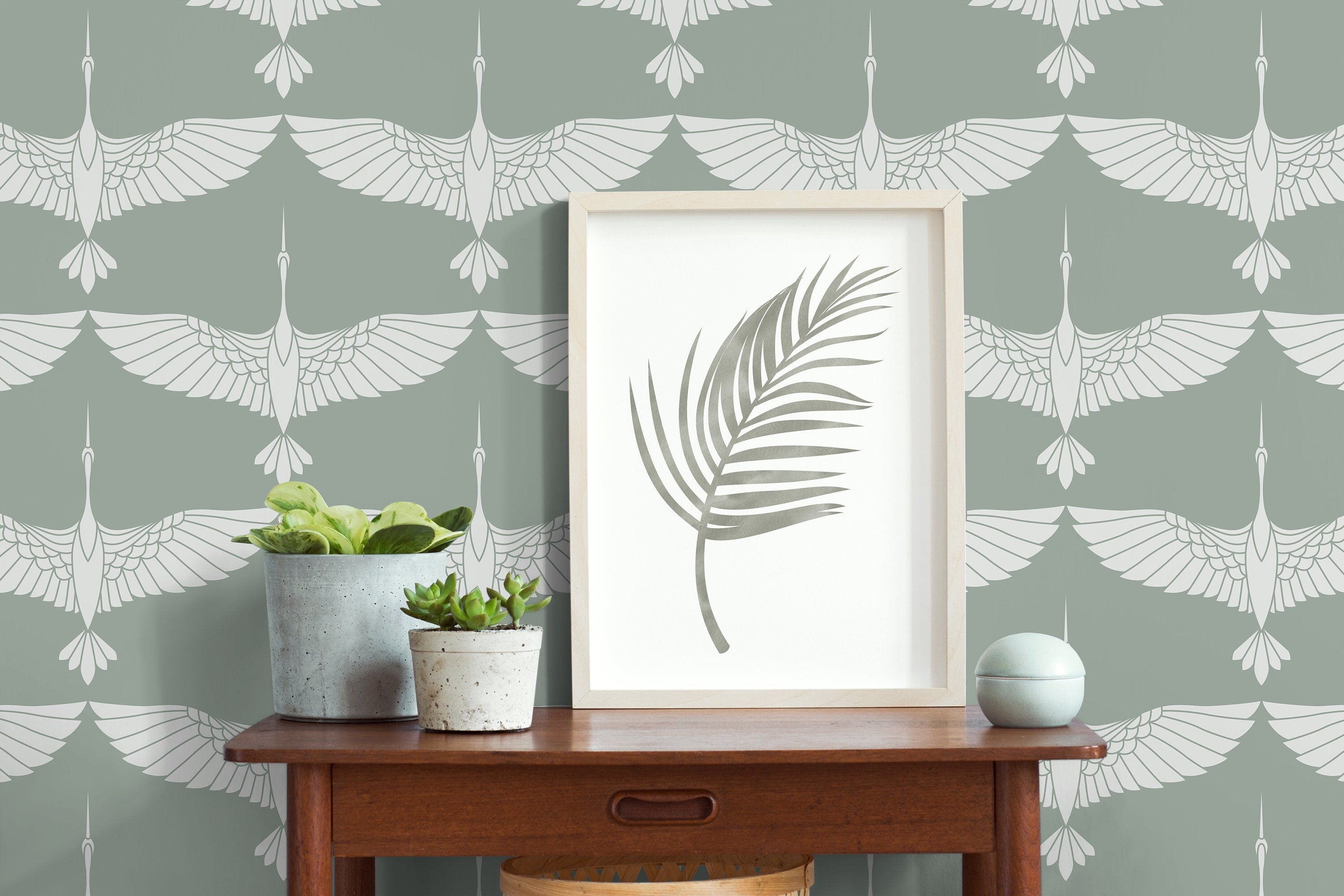 Art Deco Wallpaper With A Stylized Crane Motif In Sage Green And White - D084